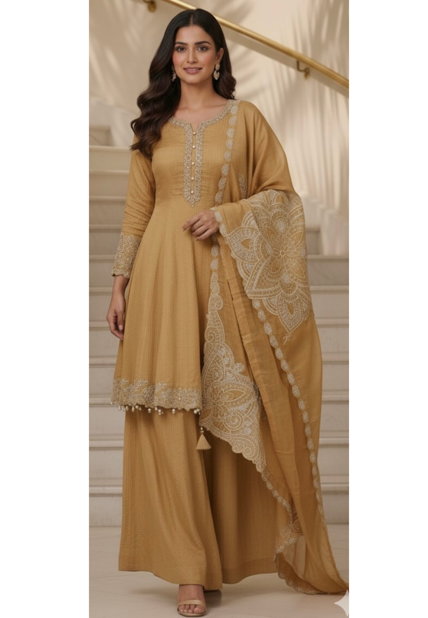 Very Elegant Handwork Neck Line & Bordered With Round Pearl Tassel Shimmery Anarkali Full Suit Set With Heavy Dupatta & Loose Bottom- 11745