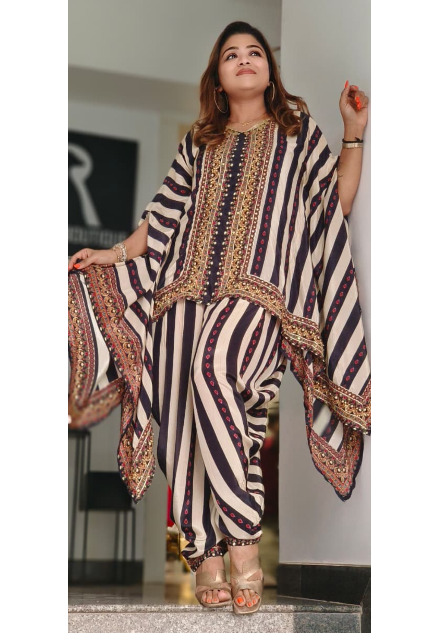 Very Stylsih Coin Tassel Front Line Striped Kaftan With Tulip Kind Bottom In Crepe Fabric- 11785