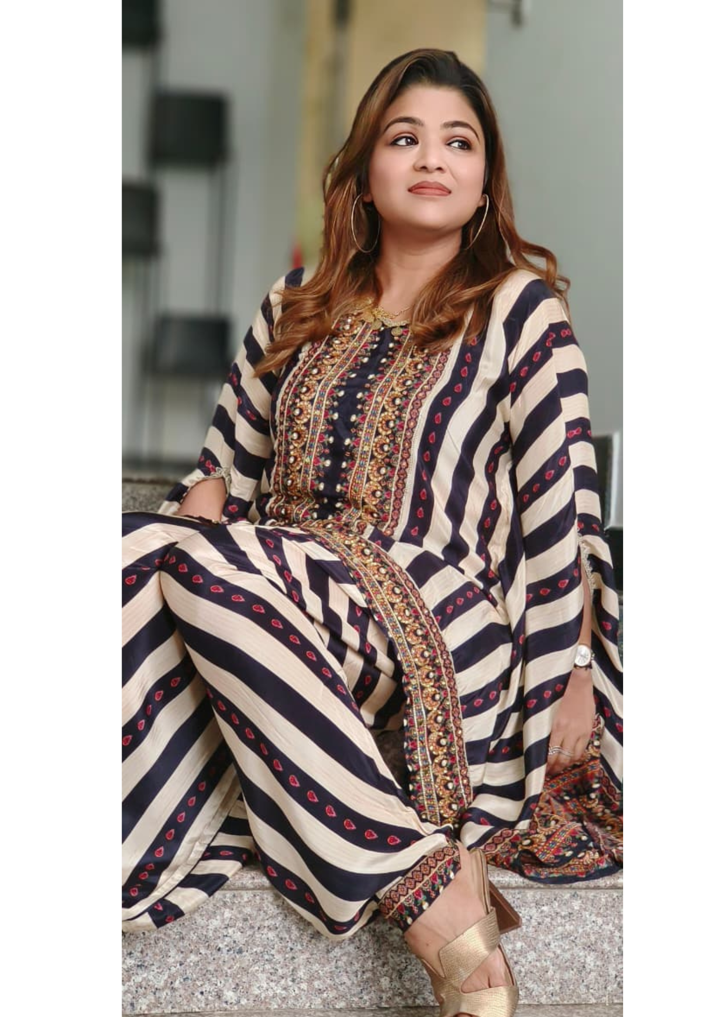Very Stylsih Coin Tassel Front Line Striped Kaftan With Tulip Kind Bottom In Crepe Fabric- 11785