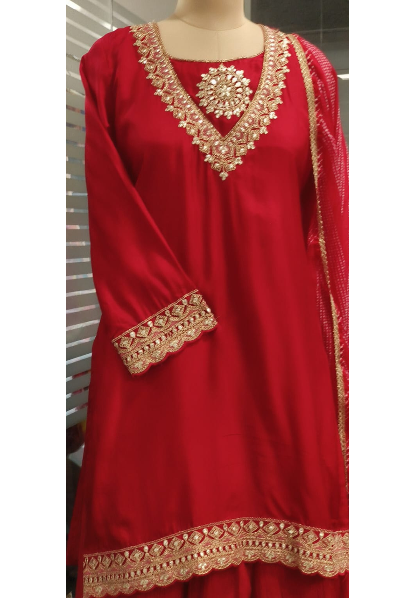 Beautiful Neck Line Front Work A-Line Russian Silk Full Suit Set With Dupatta & Mul Chanderi Palazzo Bottom- 11827