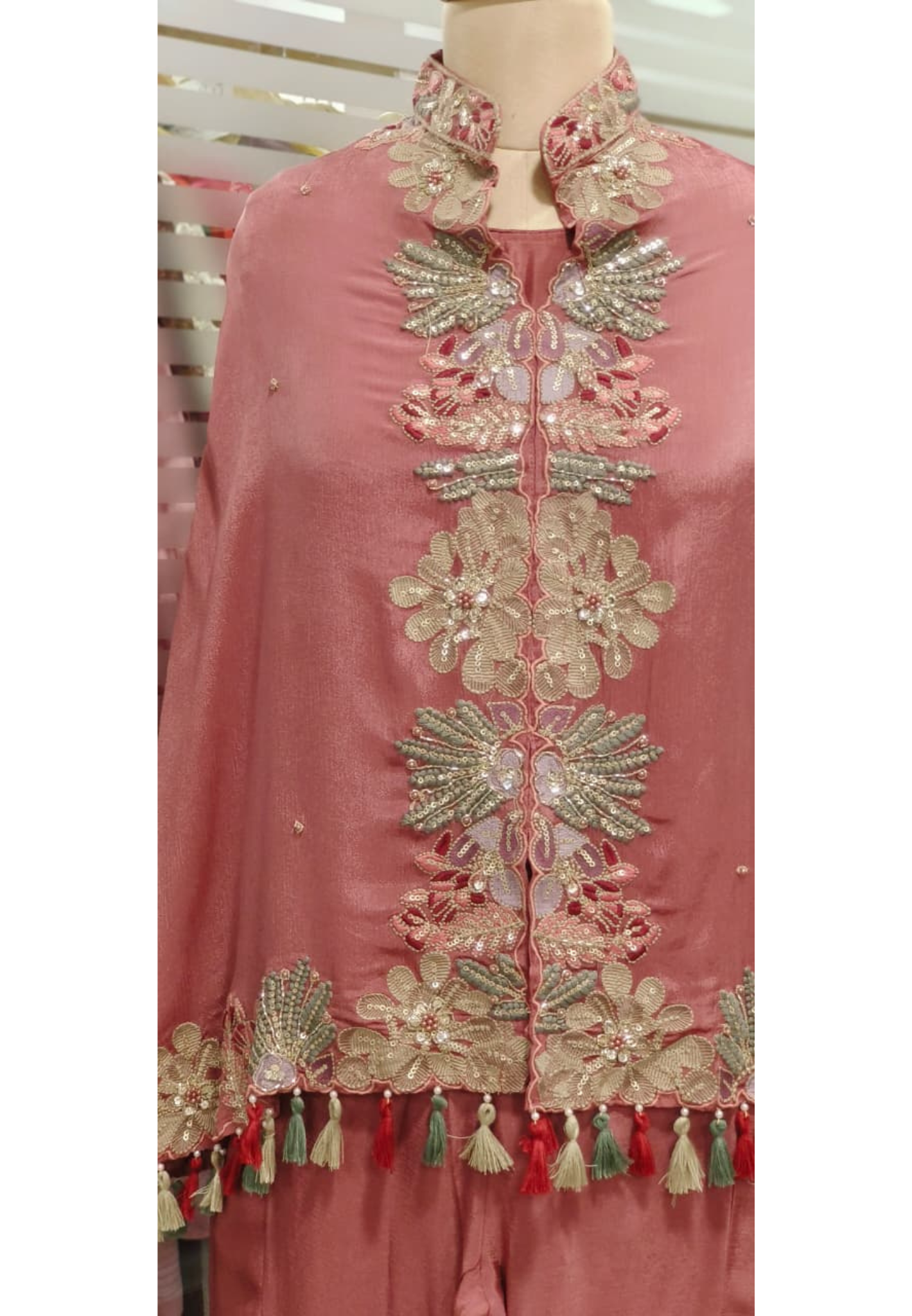 Fully Thread Tasseled Stylish Floral Cut Work Look Embroidered Indo-Western Wear Short Length Kurta With Inner & Tapared Palazzo In Chinon Fabric- 11817