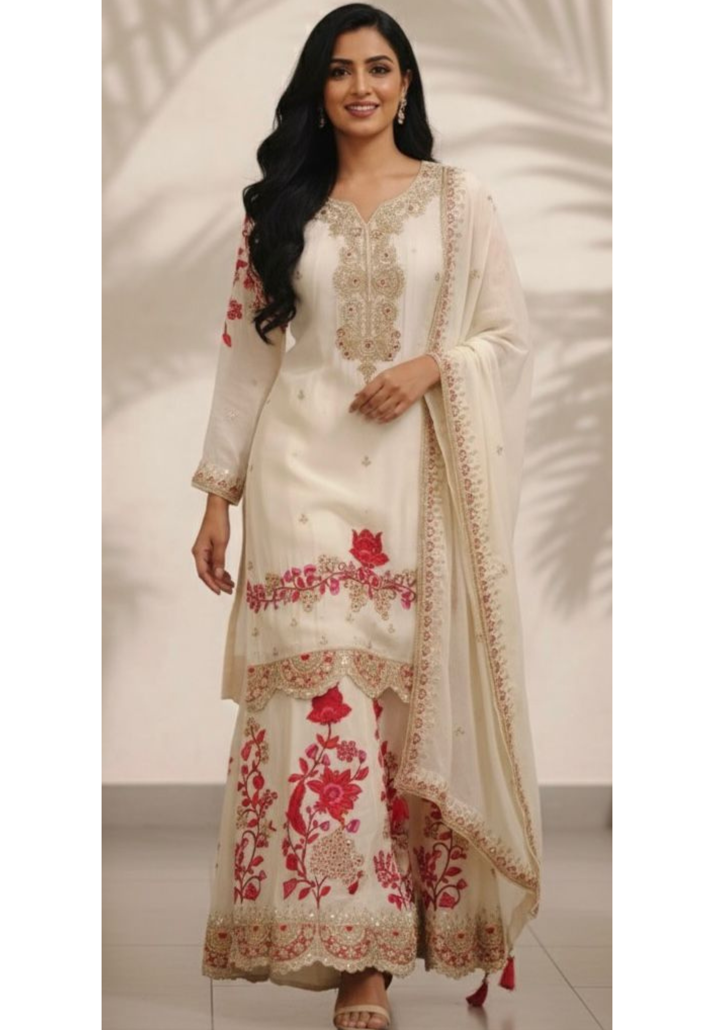 Vibrant Thread Embroidered Zardosi Full Suit Set With Dupatta & Panel Palazzo Bottom In Chinon Fabric- 11822