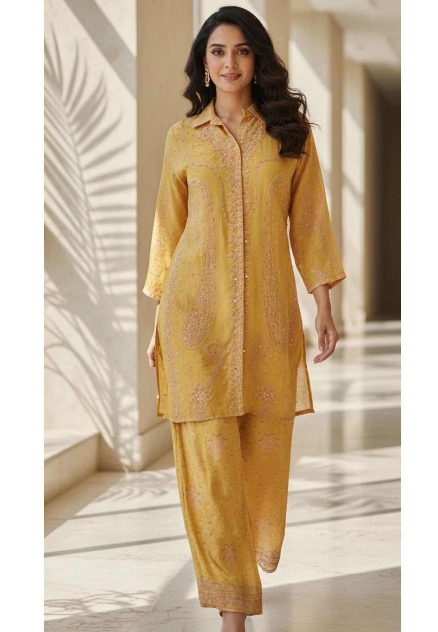 Swan Look Print Stone Overlay Collared Co-Ord Set In Crepe Fabric- 11786