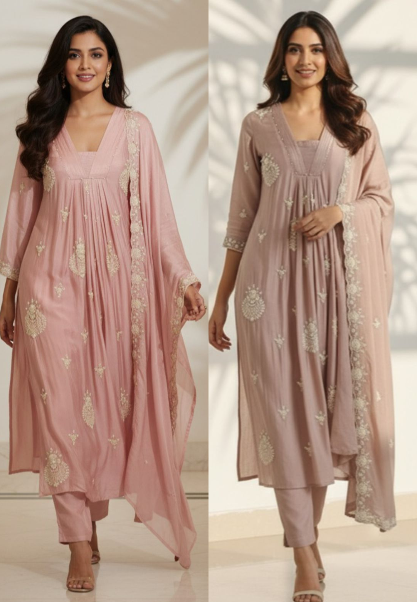 Pastel Elegance Glass Neck Embroidered Chinon Anarkali Full Suit Set With Dupatta- 11797, 11798