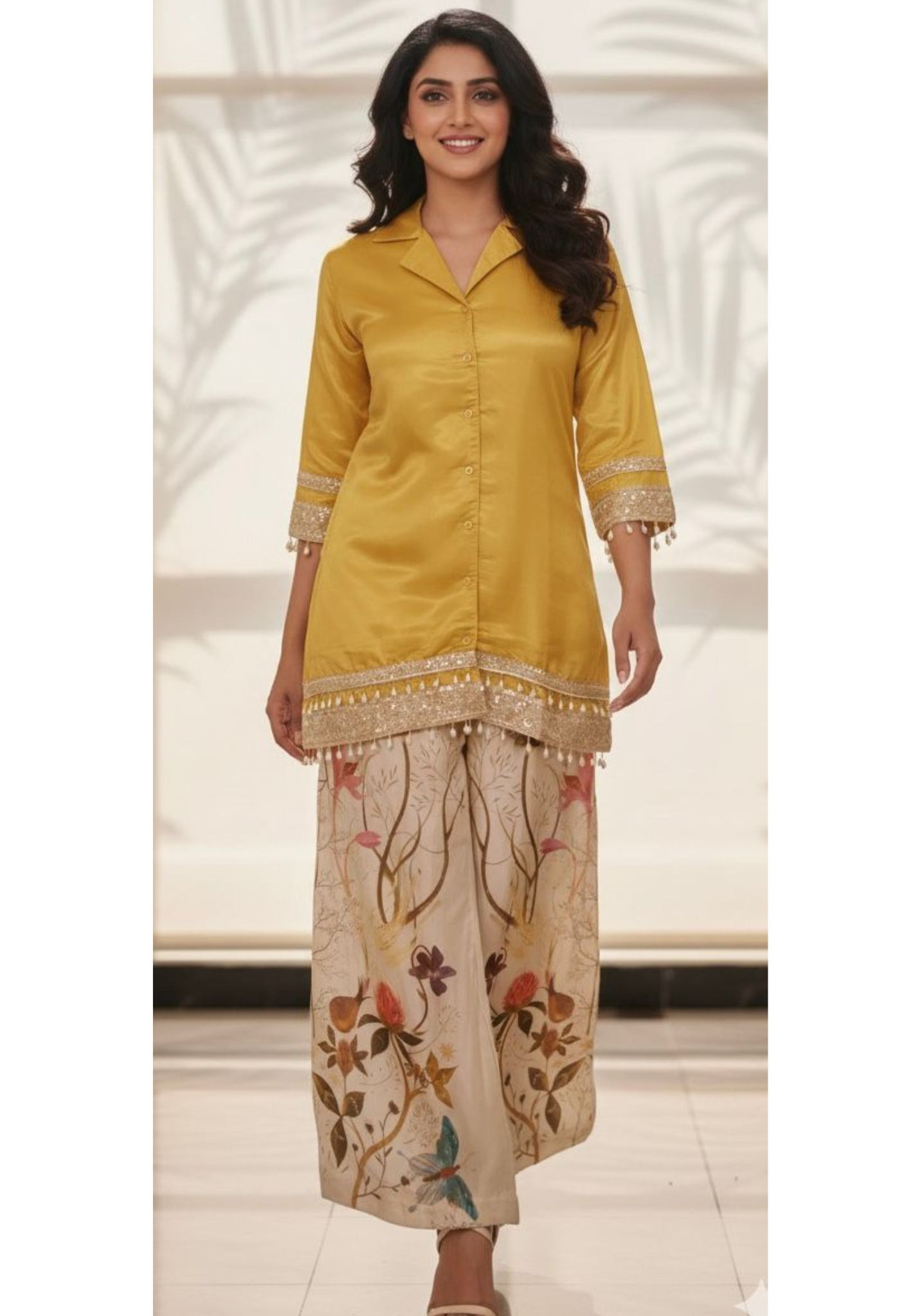 Very Elegantly Pearl Tasseled Tissue Designer Indo-Western Co-Ord Set-11787