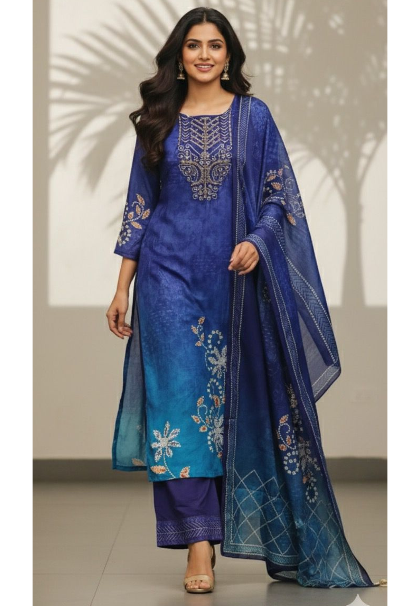 Beads Embelished Front Work Printed Full Suit Set With Dupatta In Crepe Fabric- 11800