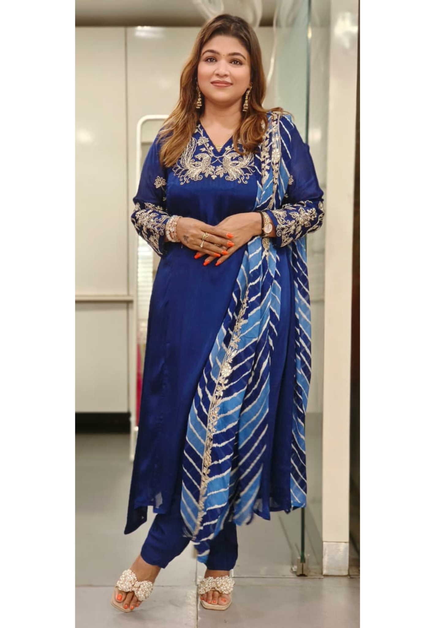 Peacock Zardosi Work A-Line Full Suit Set With Striped Dupatta In Chinon Fabric- 11784, 11783
