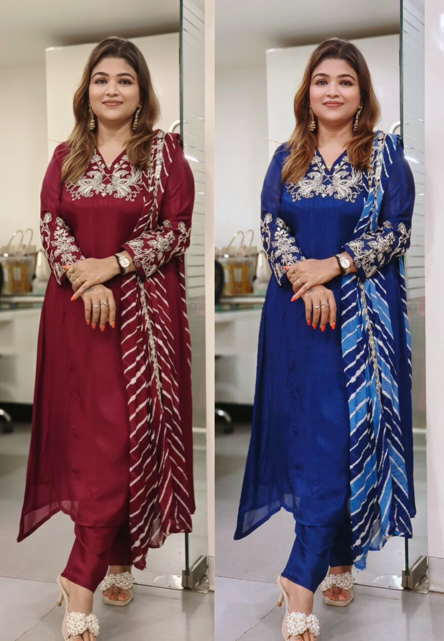 Peacock Zardosi Work A-Line Full Suit Set With Striped Dupatta In Chinon Fabric- 11784, 11783