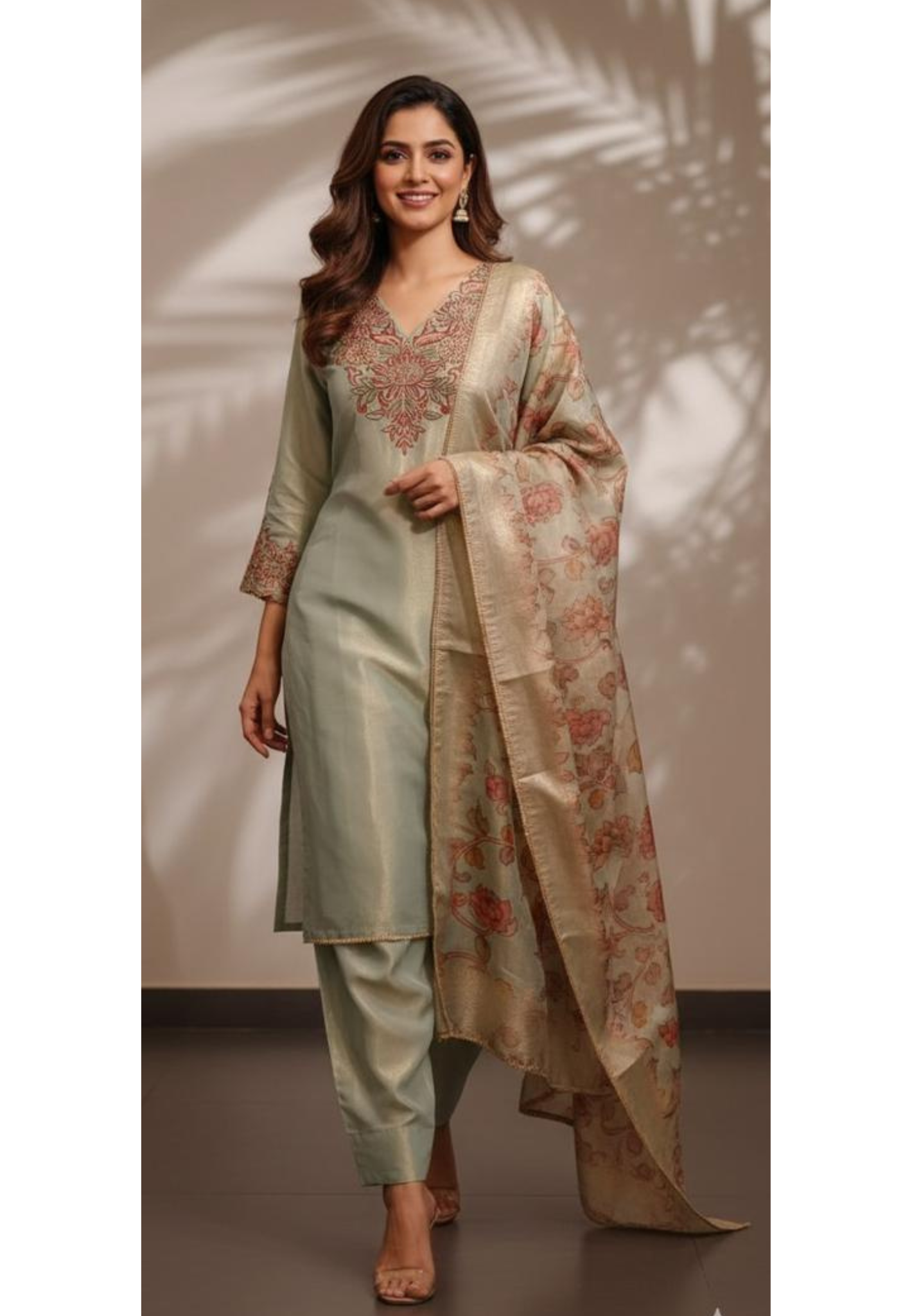 Sequencly Embroidered Front Yoke Tissue Full Suit Set With Farsi Bottom & Floral Dupatta - 11818