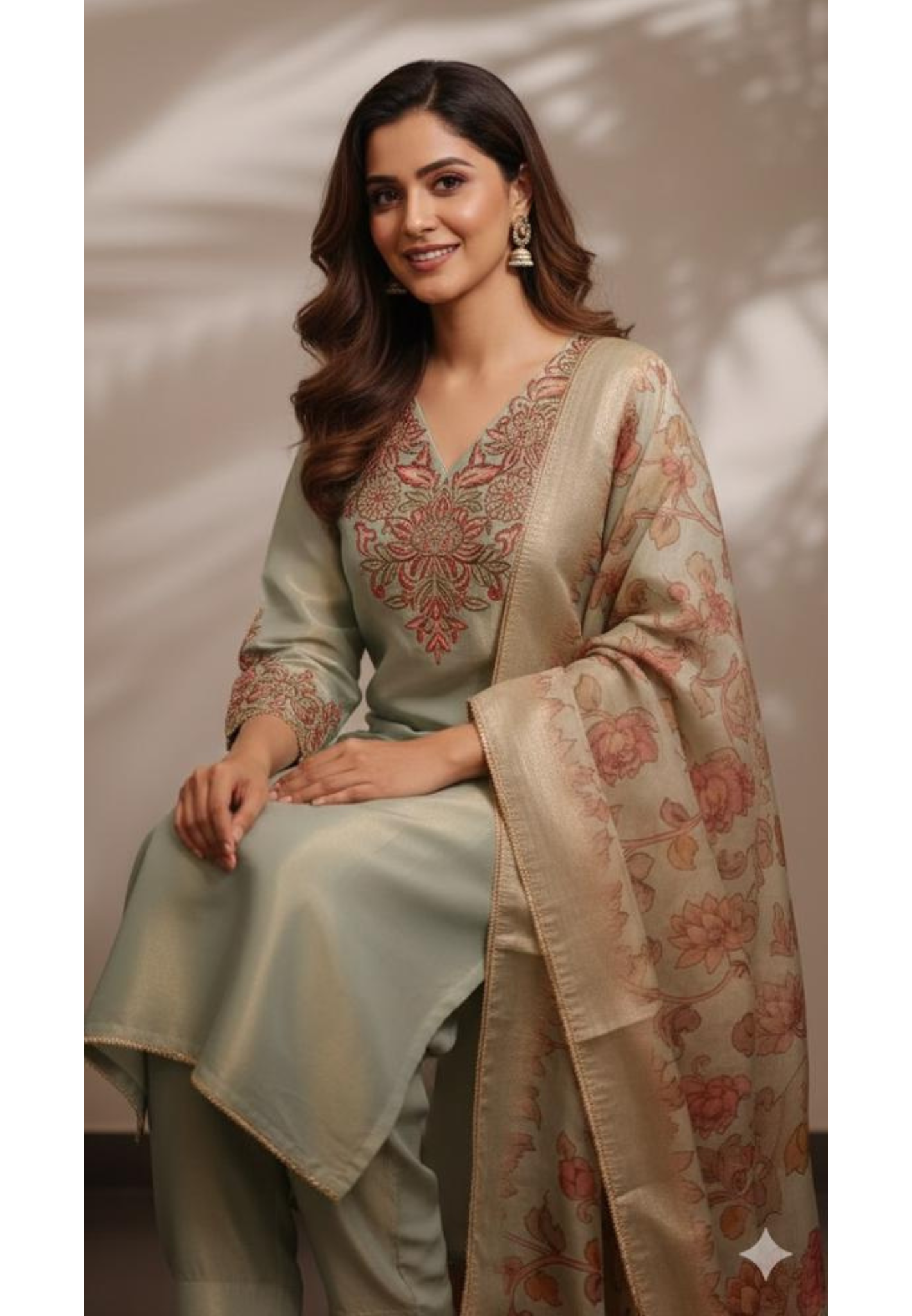Sequencly Embroidered Front Yoke Tissue Full Suit Set With Farsi Bottom & Floral Dupatta - 11818