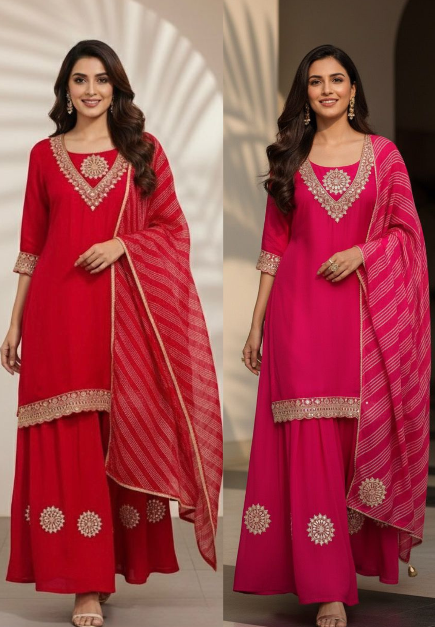 Beautiful Neck Line Front Work A-Line Russian Silk Full Suit Set With Dupatta & Mul Chanderi Palazzo Bottom- 11827