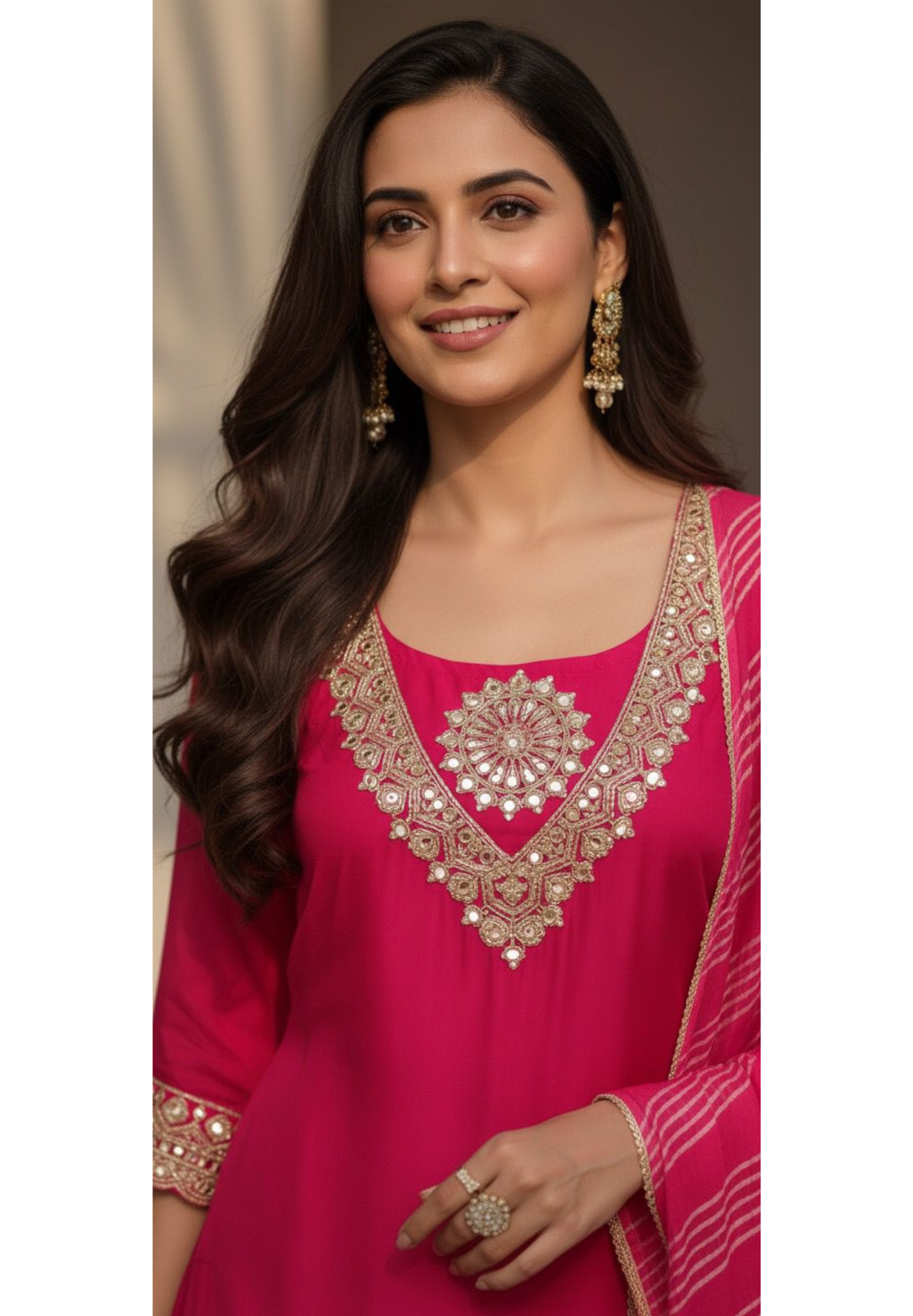 Beautiful Neck Line Front Work A-Line Russian Silk Full Suit Set With Dupatta & Mul Chanderi Palazzo Bottom- 11827