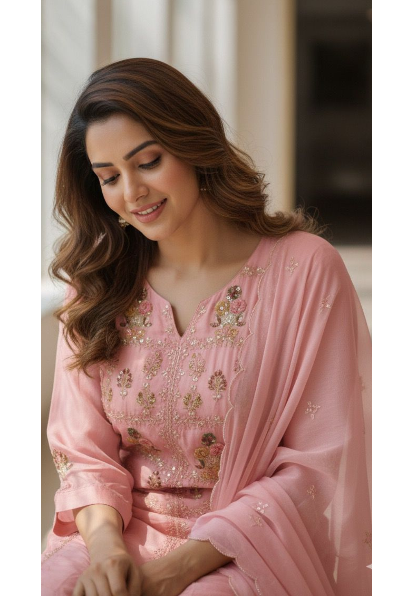 Pop Out Floral Embroidery Full Suit With Loose Palazzo Bottom & Dupatta In Crepe Fabric- 11821