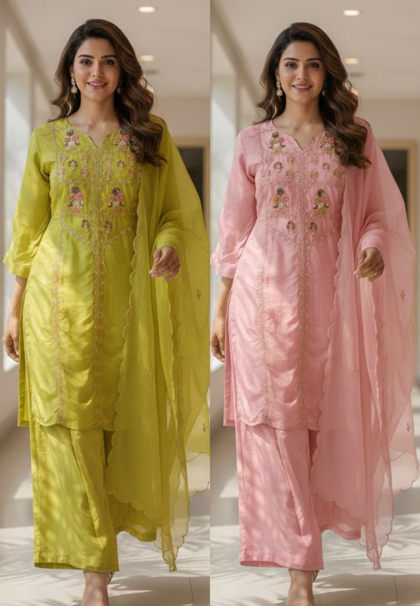 Pop Out Floral Embroidery Full Suit With Loose Palazzo Bottom & Dupatta In Crepe Fabric- 11821