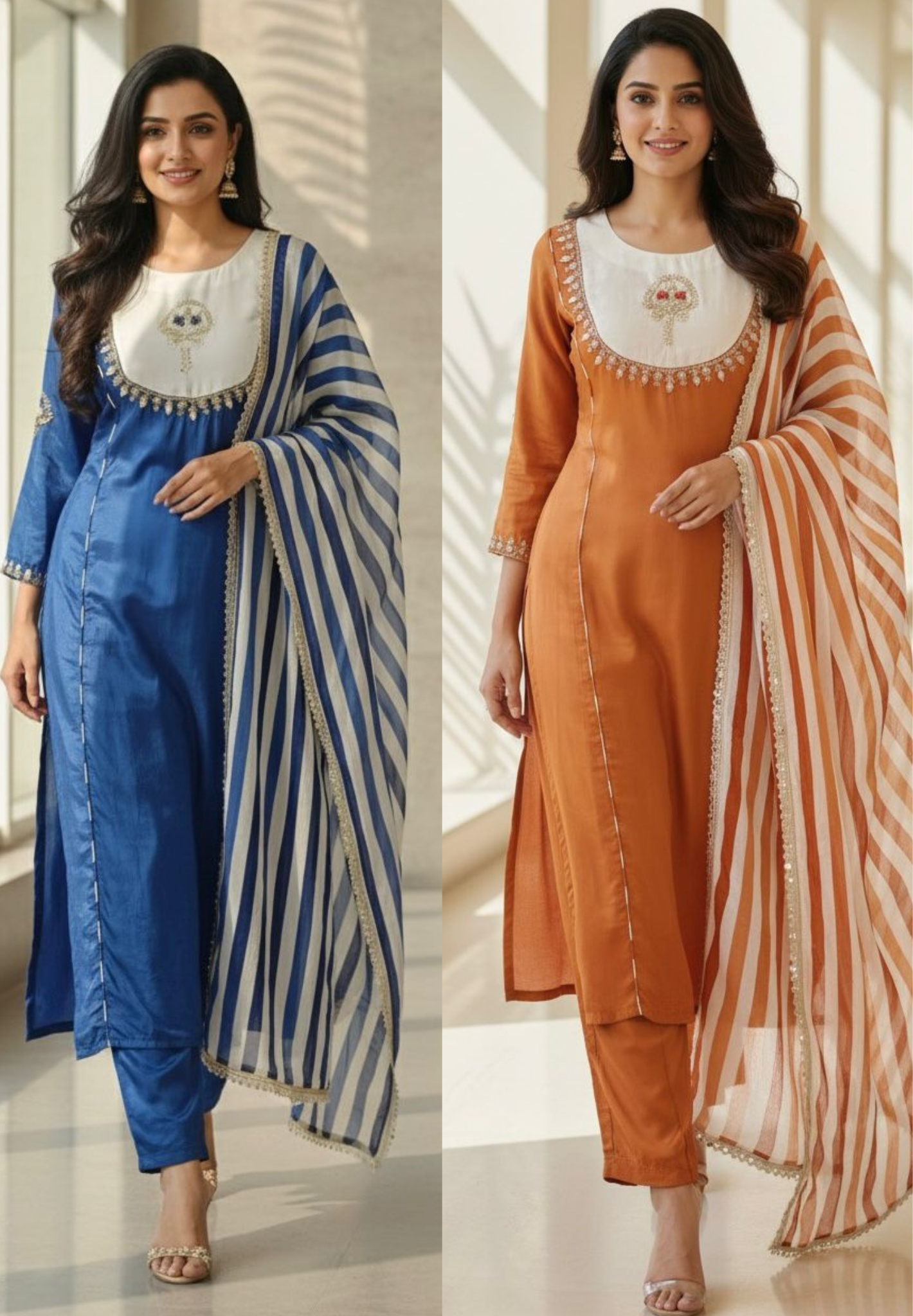 U-Yoke Zardosi Embroidered A-Line Full Suit Set With Striped Dupatta In Crepe Fabric- 11781, 11782