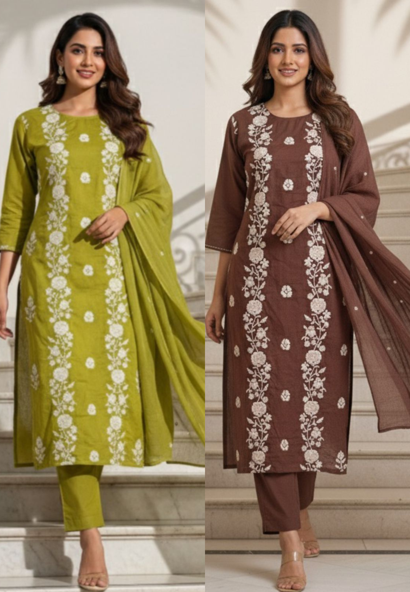 Floral Thread Parallelly Embroidered Cotton Full Suit Set With Dupatta- 11709, 11710