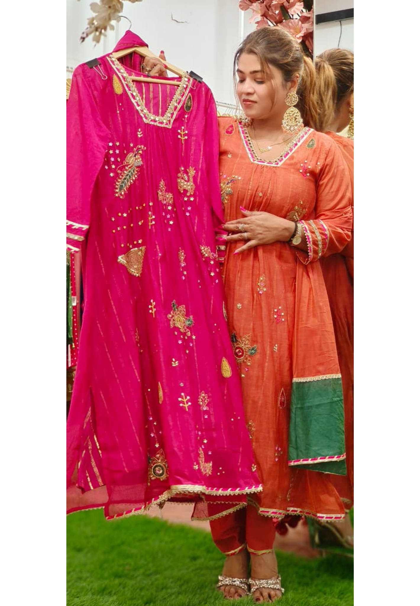Beautiful Real Mirror V-Neck Embroidered Full Suit Set With Dupatta In Mul Chanderi Fabric- 10795, 10796