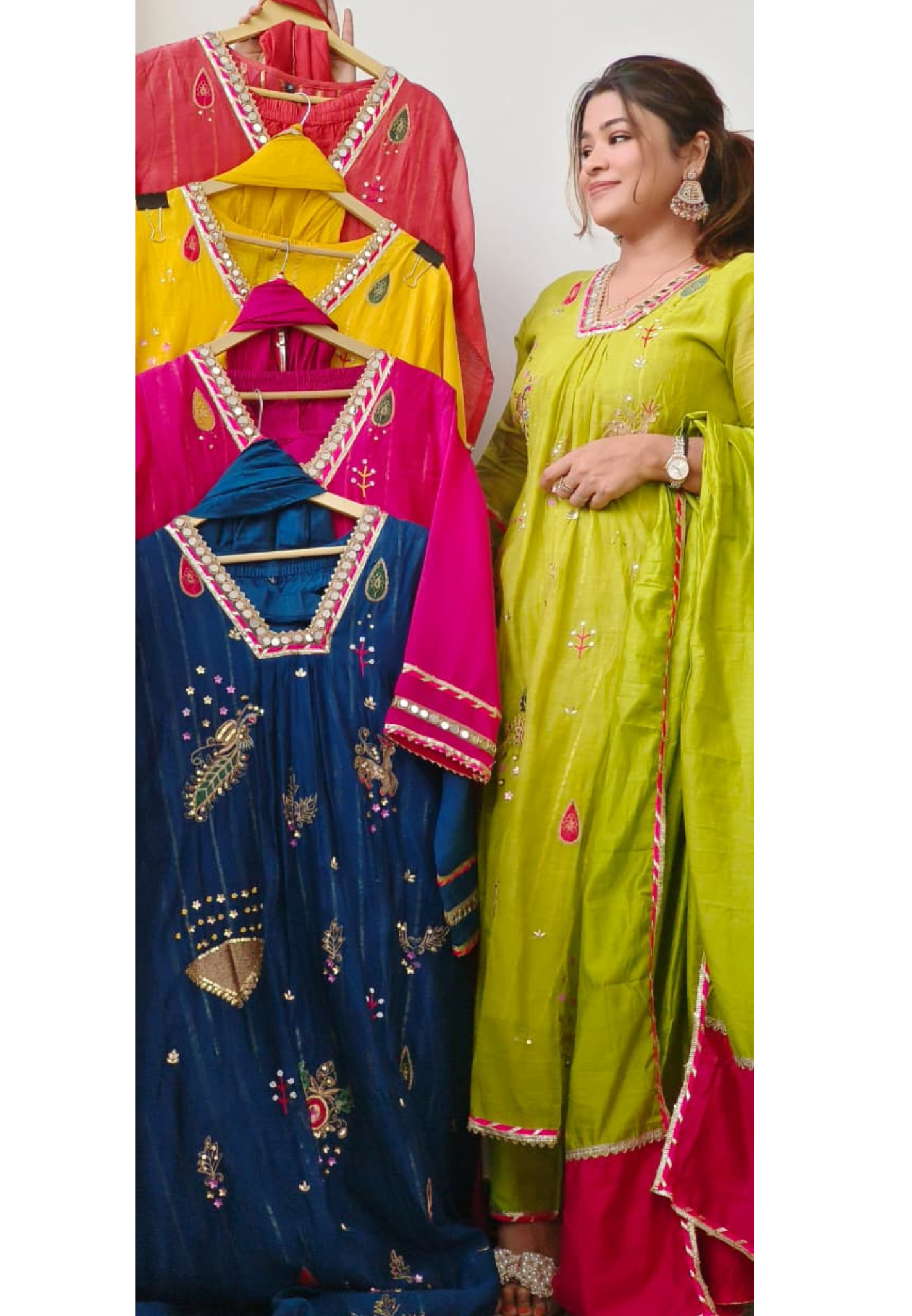 Beautiful Real Mirror V-Neck Embroidered Full Suit Set With Dupatta In Mul Chanderi Fabric- 10795, 10796
