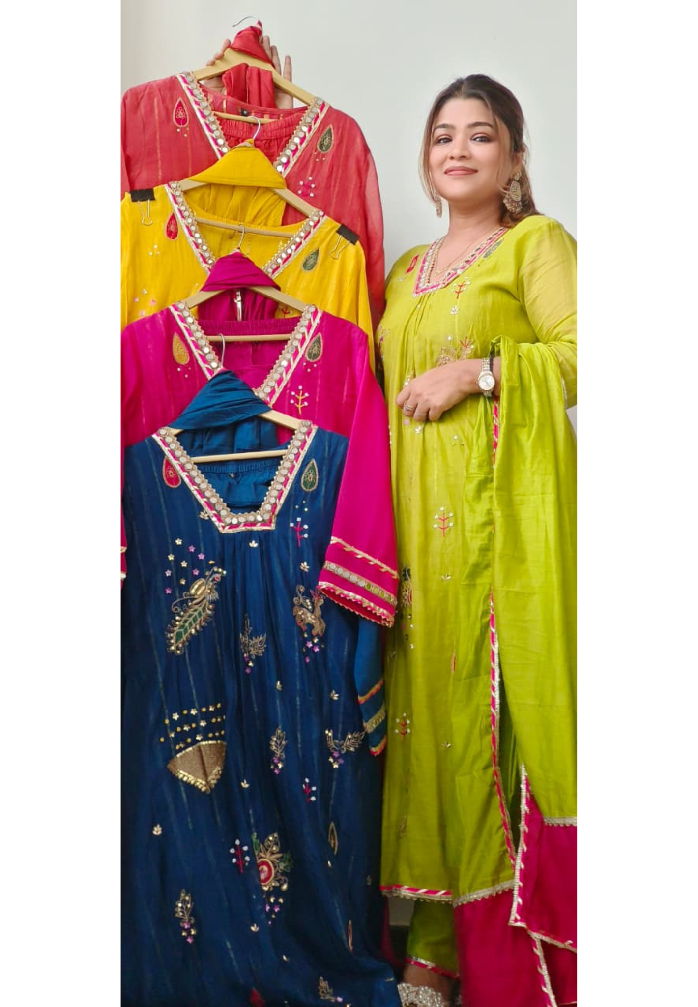 Beautiful Real Mirror V-Neck Embroidered Full Suit Set With Dupatta In Mul Chanderi Fabric- 10795, 10796
