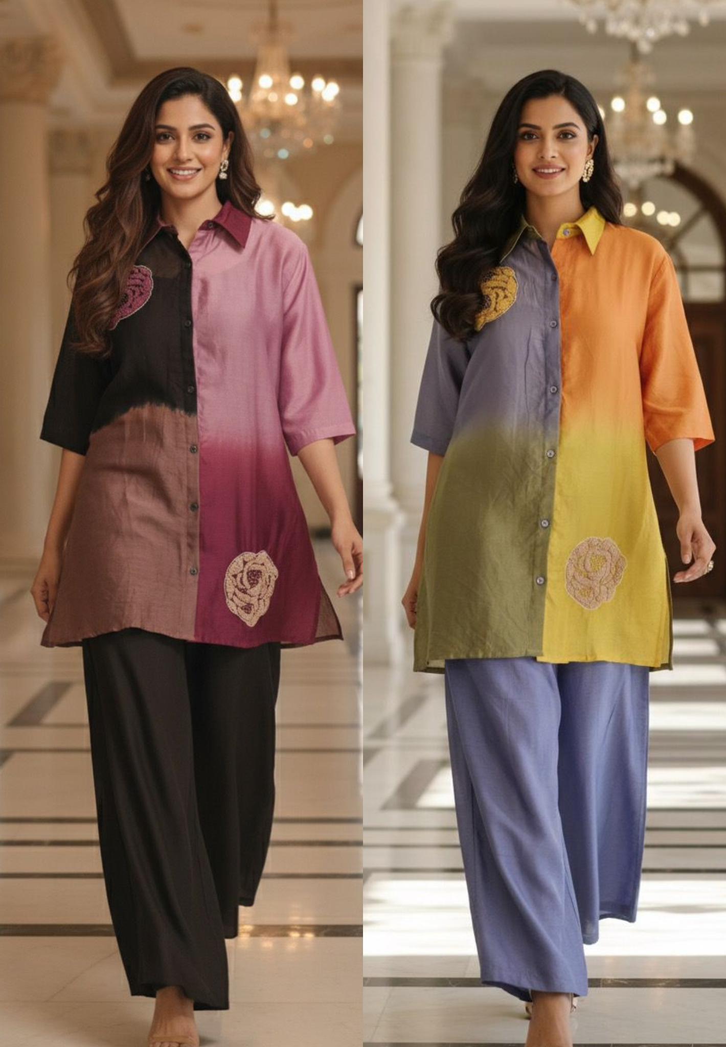Multicolored Ombre Look Pearl Embellished Collared Co-Ord Set