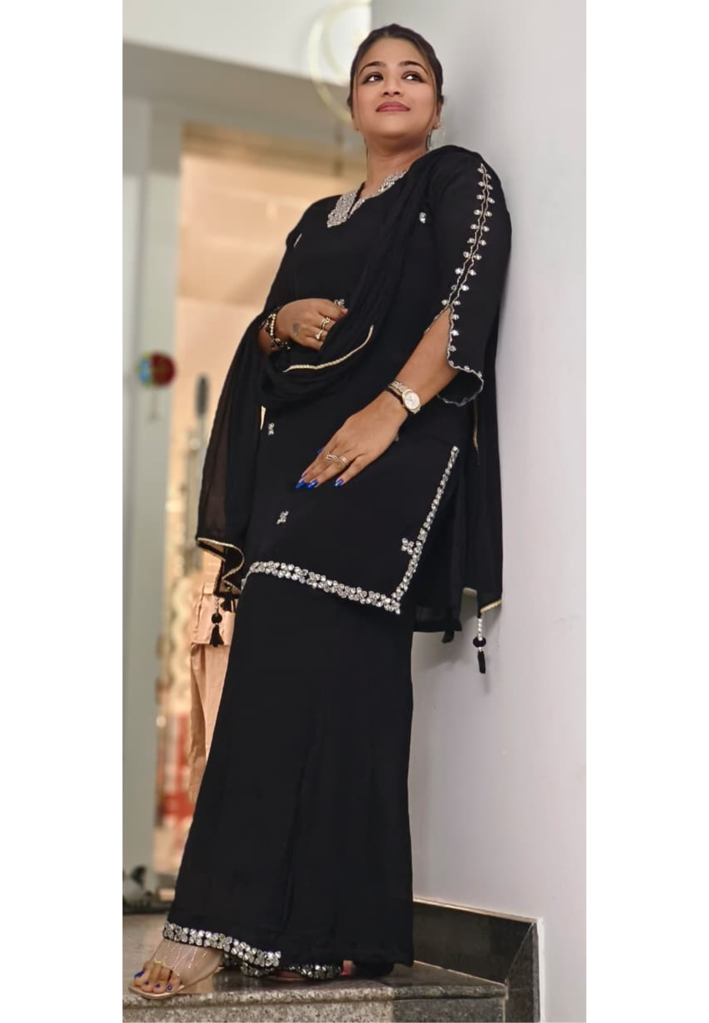 Sequenced Real Mirror Elegance Short Length Kurta With Loose Palazzo Bottom & Dupatta In Georgette Fabric- 11947