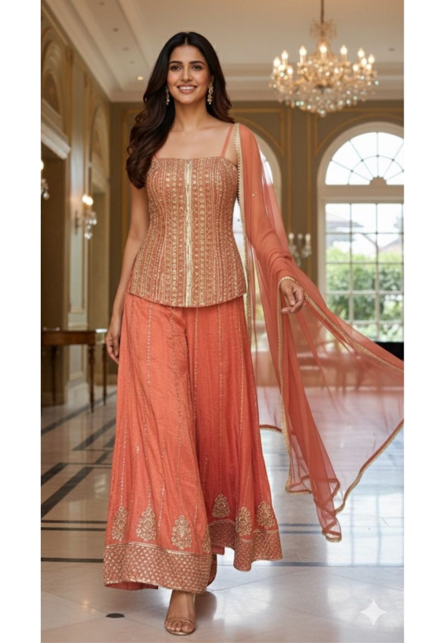 Heavily Designed Hand With Machine Work Sleeveless Short Length Kurta With Loose Panel Palazzo In Tissue Fabric With Netted Dupatta- 11498
