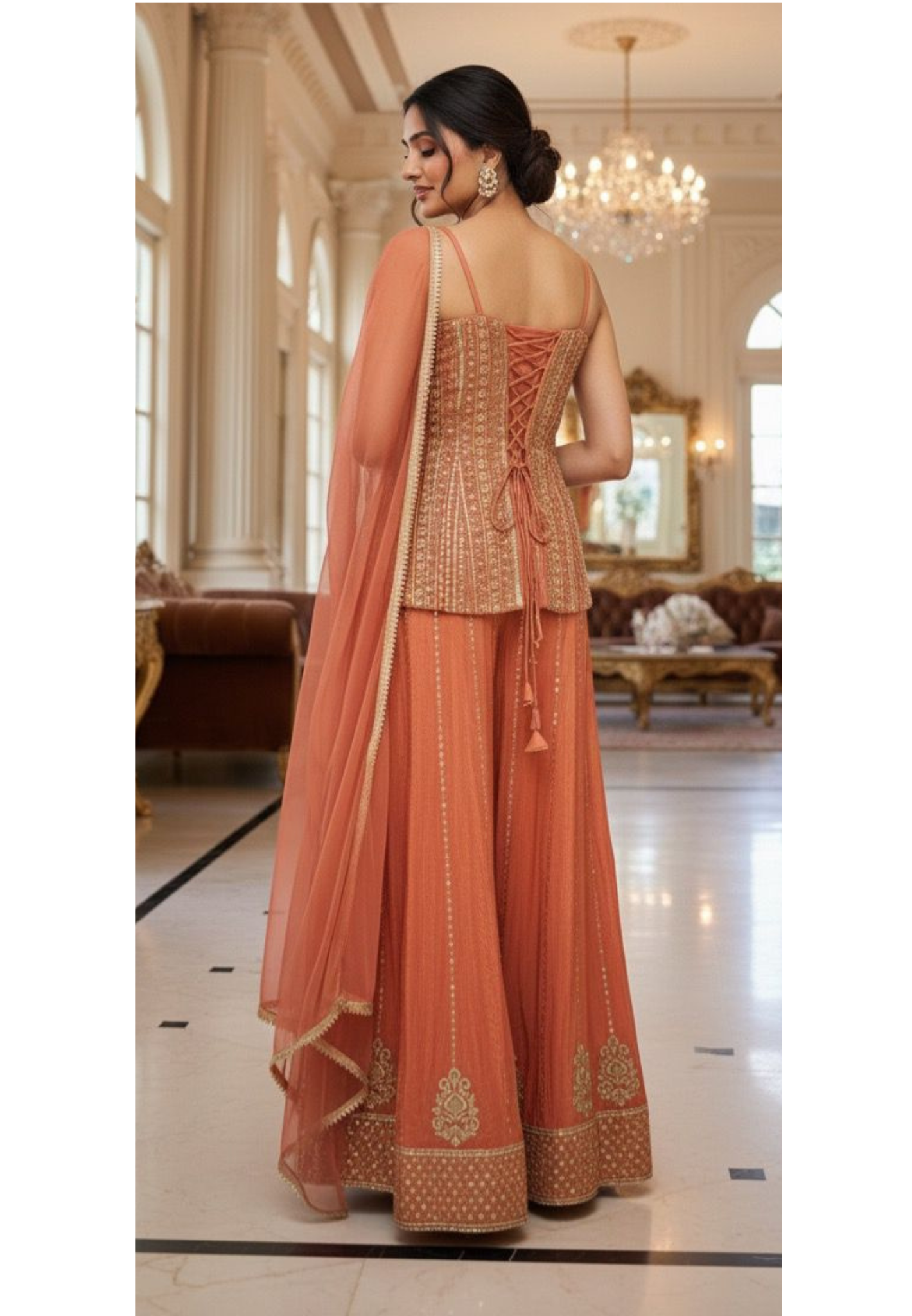 Heavily Designed Hand With Machine Work Sleeveless Short Length Kurta With Loose Panel Palazzo In Tissue Fabric With Netted Dupatta- 11498