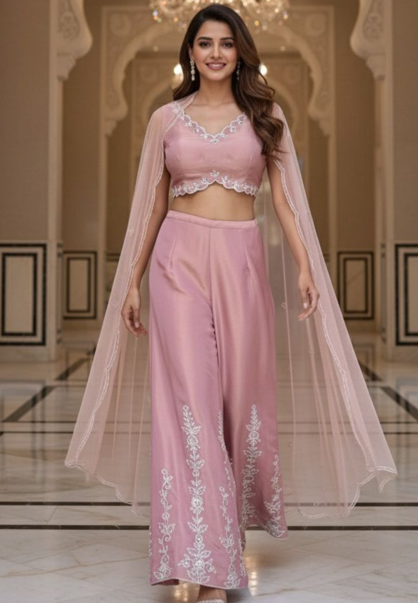 Real Mirror Thread Ensemble Cut Work Blouse With Minimal Embroidered Loose Palazzo Bottom & Netted Dupatta In Tissue Fabric- 11476