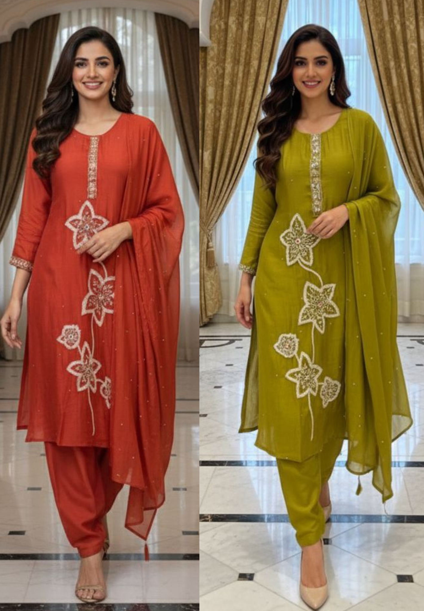 Giant Floral Sequin Work Neck Line Full Suit Set With Dupatta In Mul Chanderi Fabric- 11955, 11943