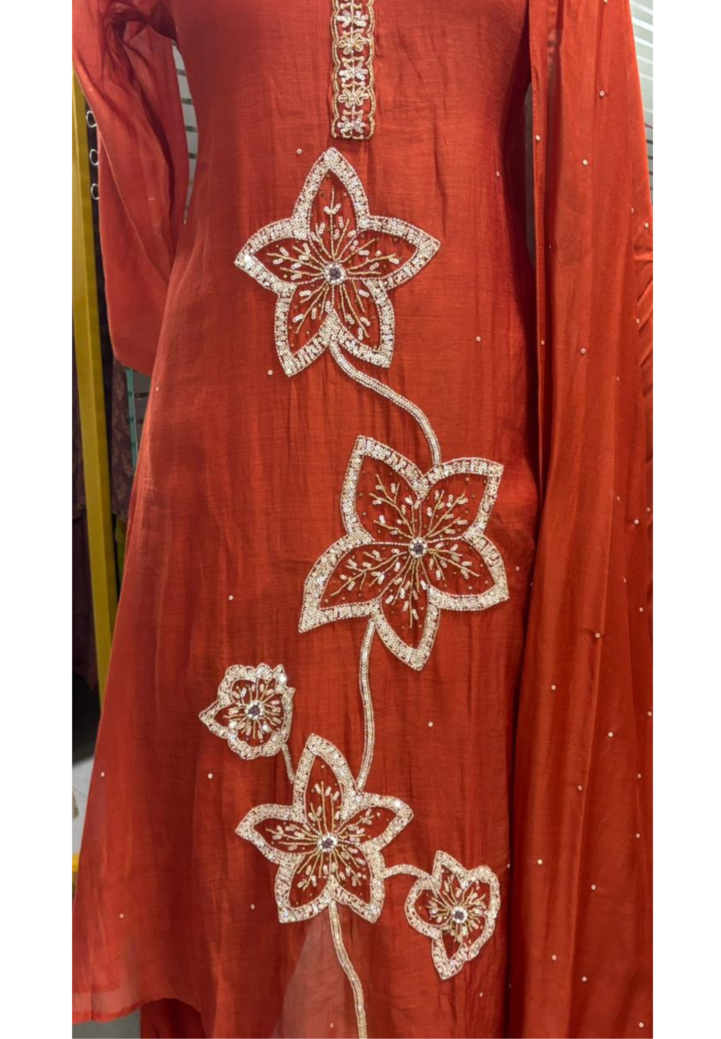 Giant Floral Sequin Work Neck Line Full Suit Set With Dupatta In Mul Chanderi Fabric- 11955, 11943