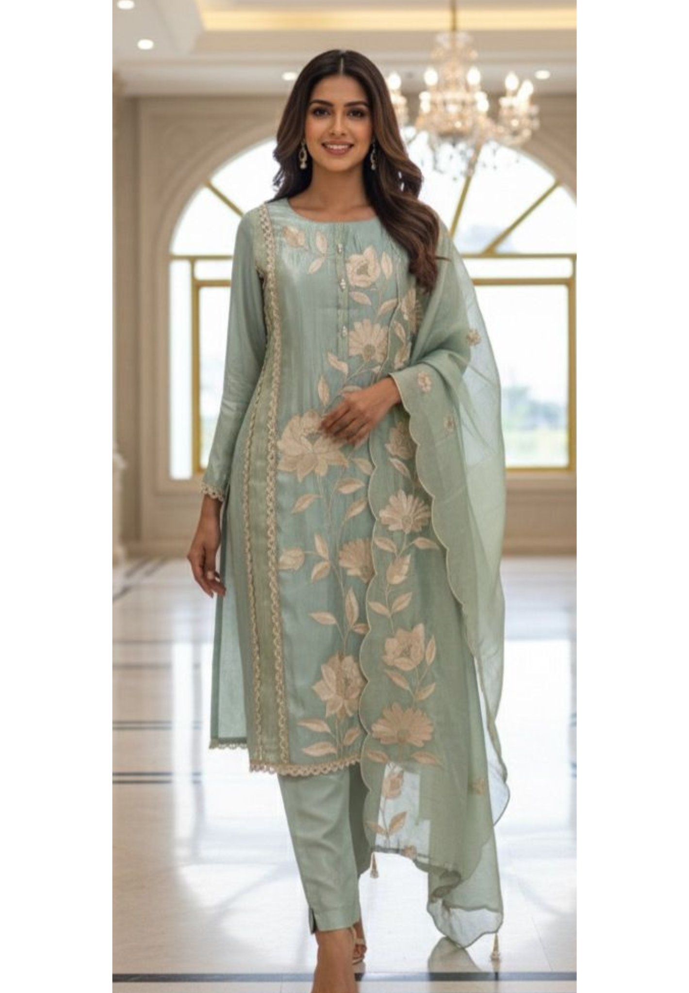 Resam Leaf Embroidered Decent Look Full Suit Set With Dupatta In Tissue Fabric & Pearl Touch- 11971, 11972