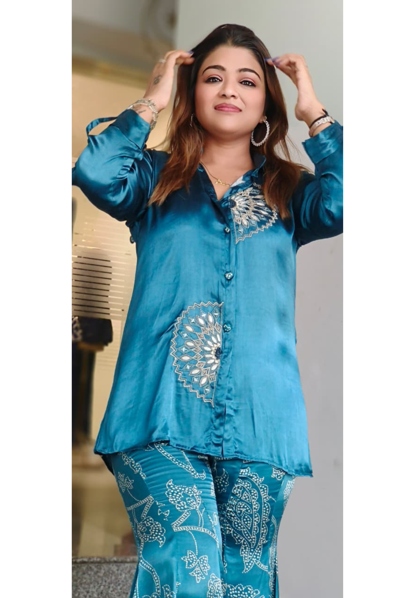 Gajji Silk Sun Flower Bloom Collared Co ord Set With Tapered Palazzo Printed Bottom