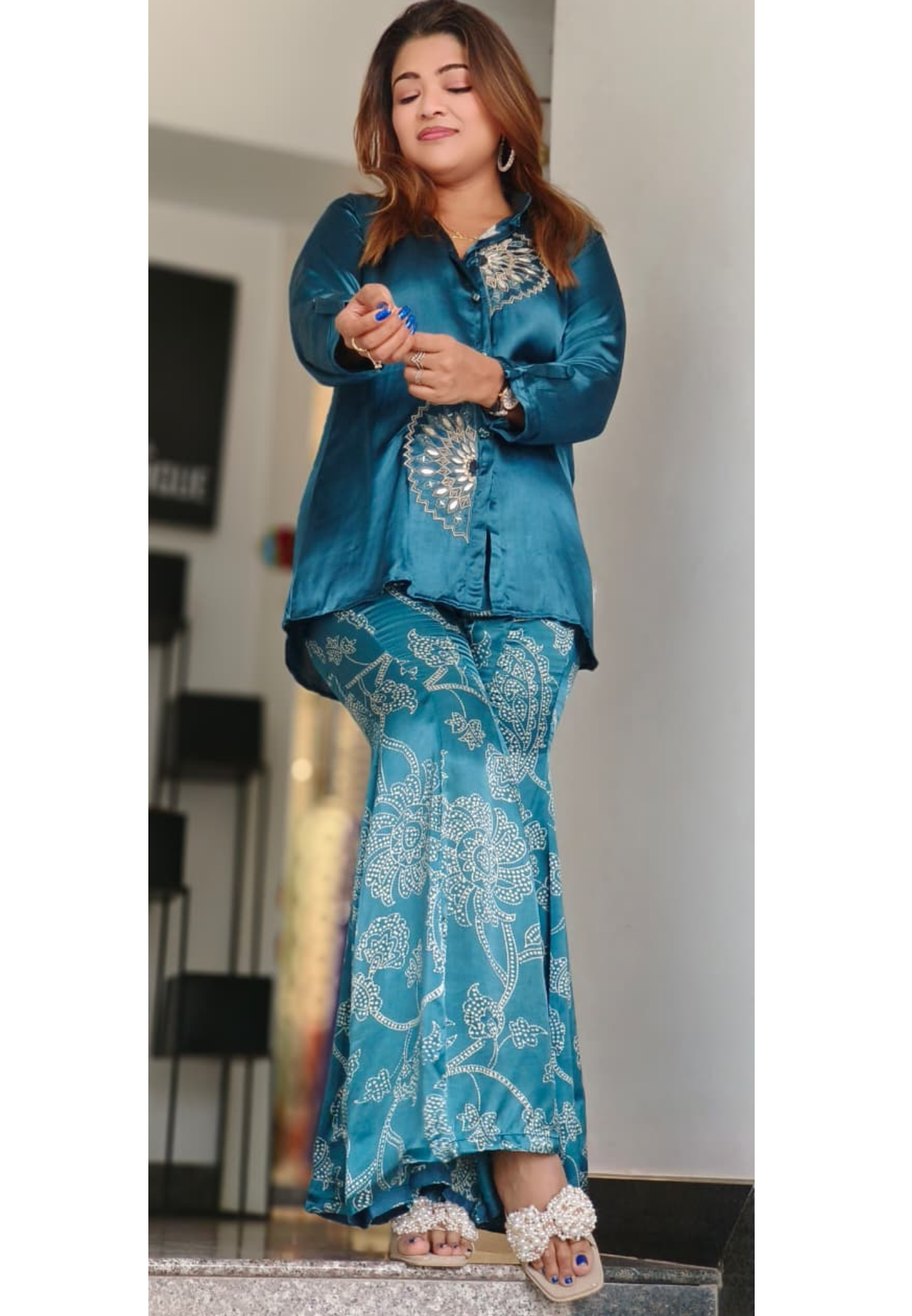 Gajji Silk Sun Flower Bloom Collared Co ord Set With Tapered Palazzo Printed Bottom