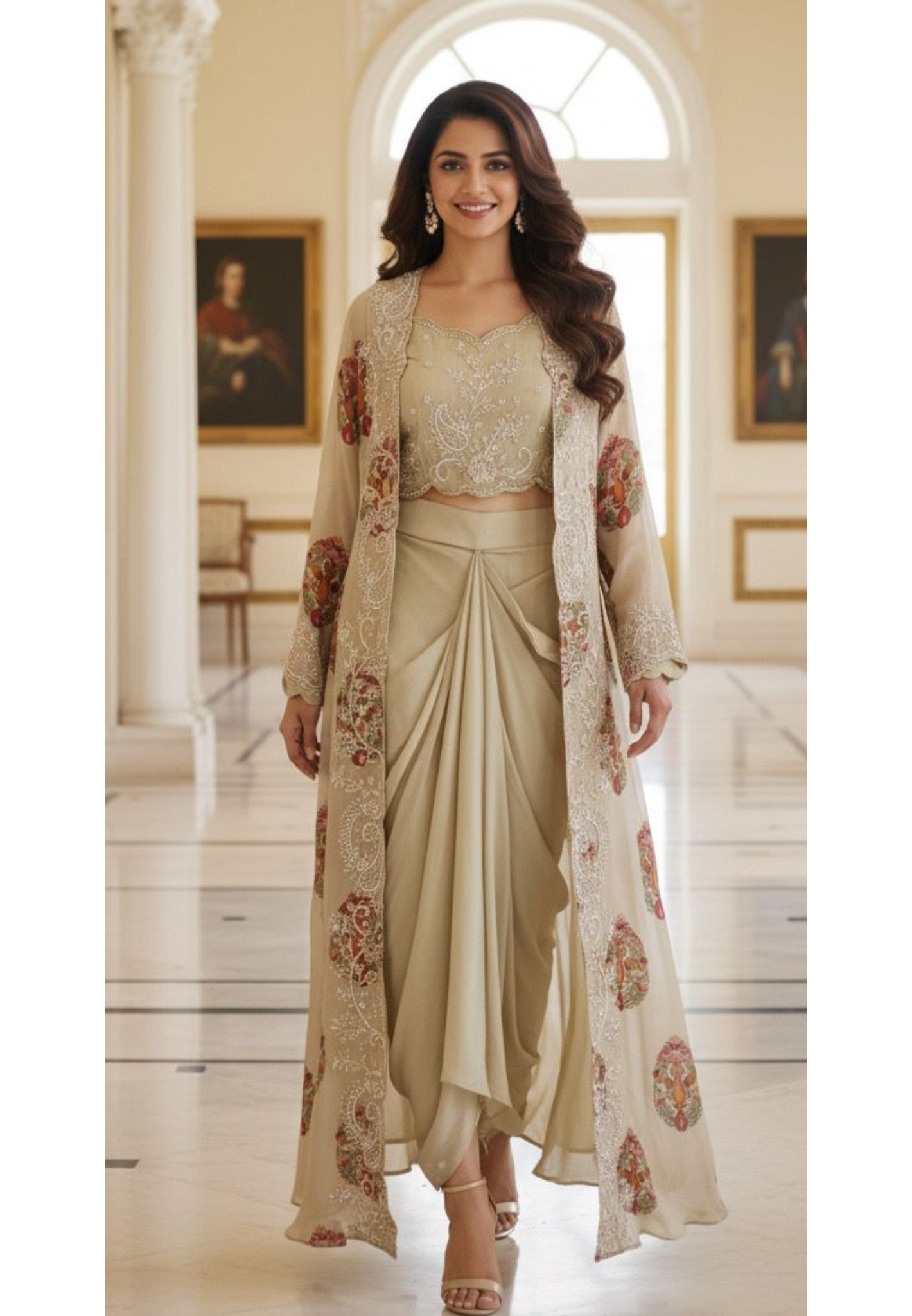 Pastel Elegance Mini Pearl Floral Print Shrug With Buster & Drape Skirt