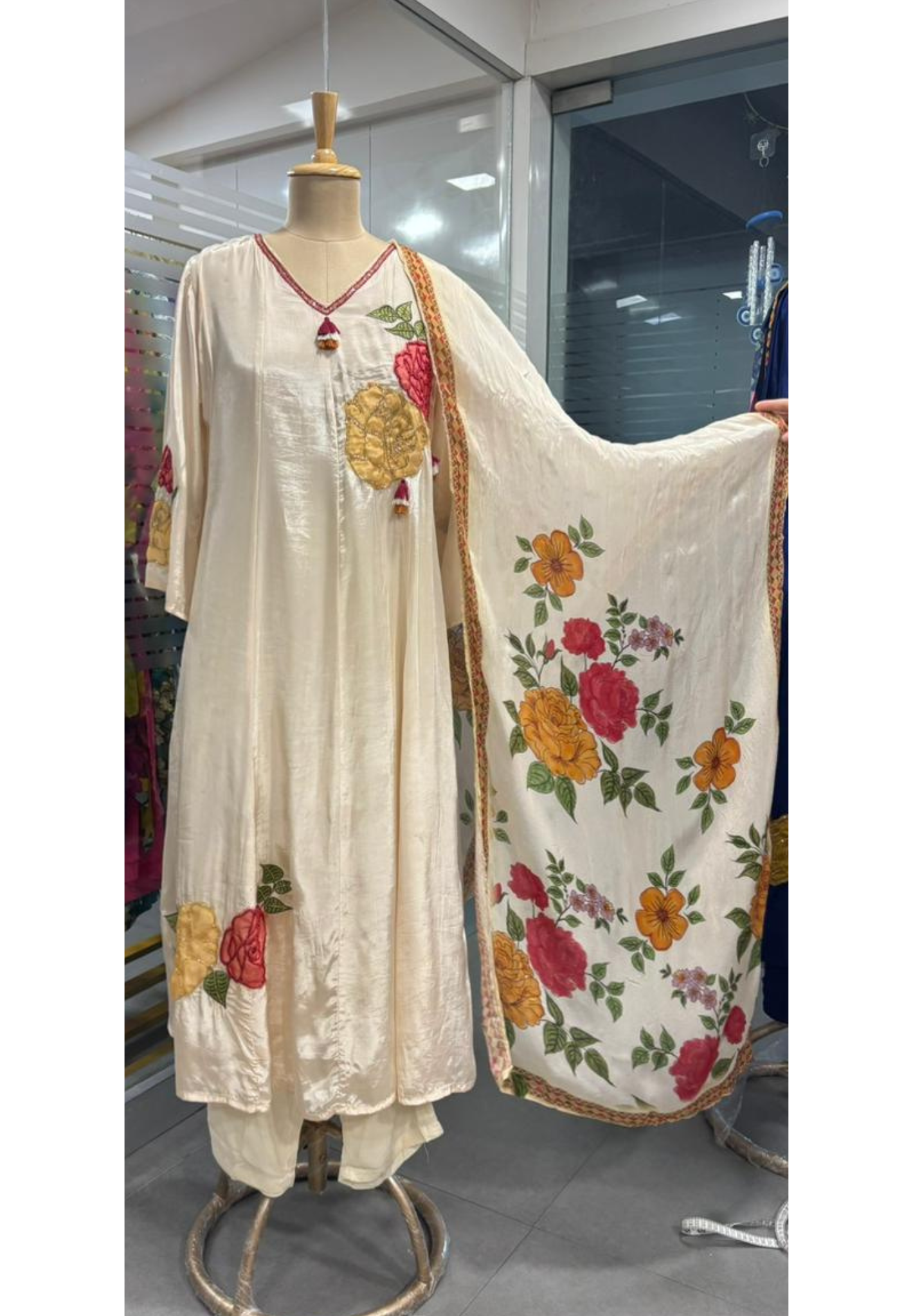 Floral Embroidered Work V-Neck Tassel A-Line Full Suit Set With Dupatta In Crepe Fabric- 11965, 11966
