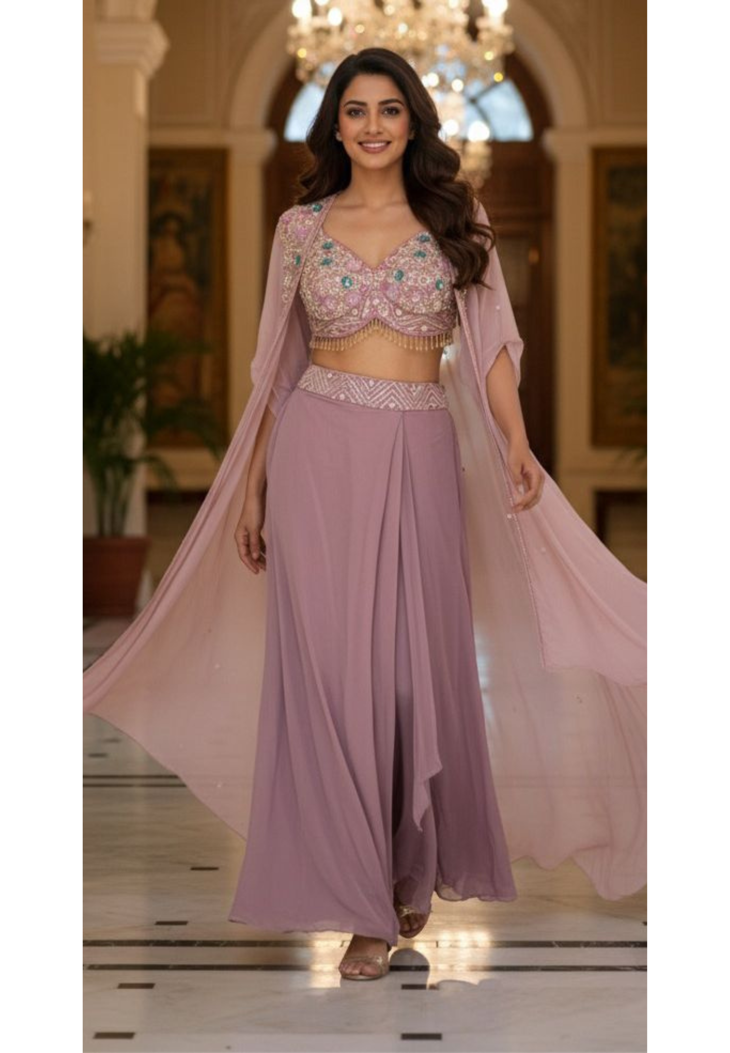 Tiny Pearls With Foil & Crystal Tassel Crop Top & Drape Skirt With Shrug Style Cape- 11505