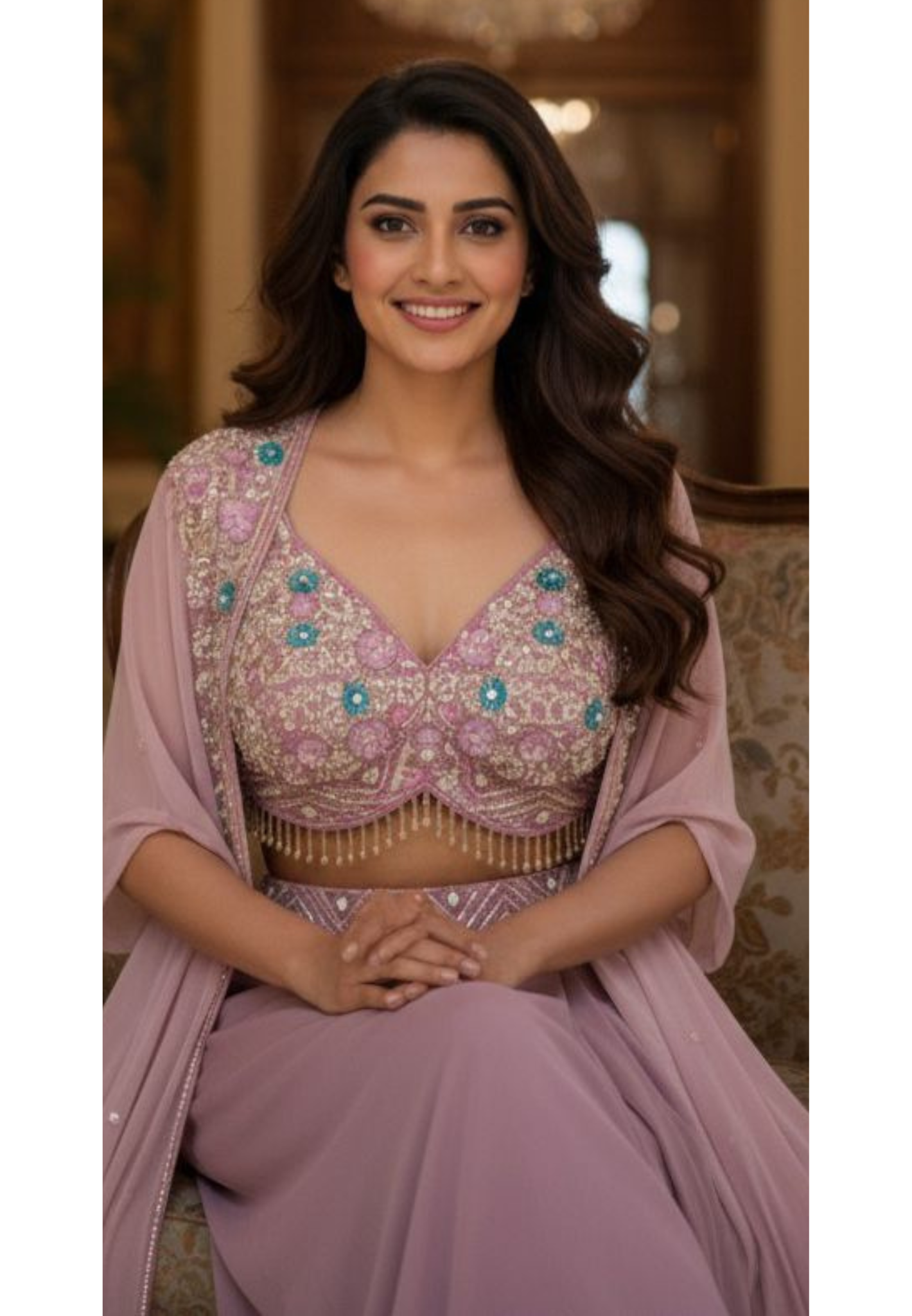 Tiny Pearls With Foil & Crystal Tassel Crop Top & Drape Skirt With Shrug Style Cape- 11505