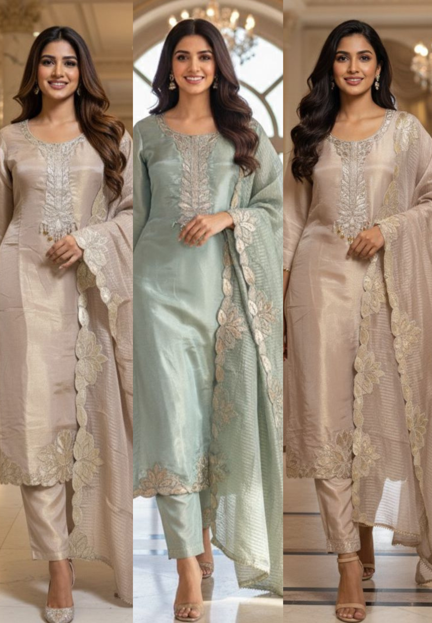 Leather Work Pearl Tassel Cut Work Full Suit Set With Dupatta In Tissue Fabric- 11968, 11969, 11970