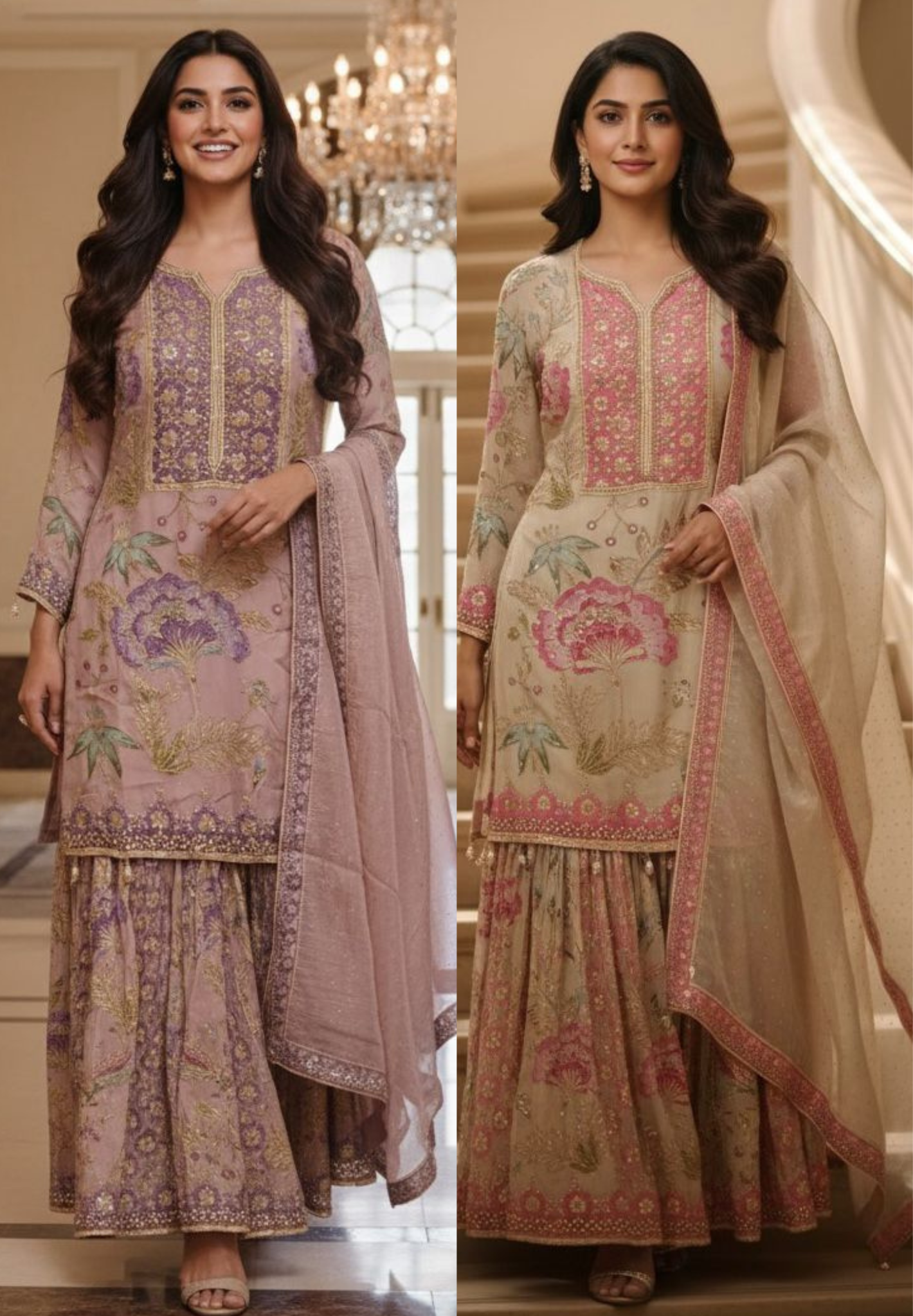 Heavy Floral Print Shimmer Tissue Full Embroidered Sharara Set With Matching Mukesh Work Dupatta