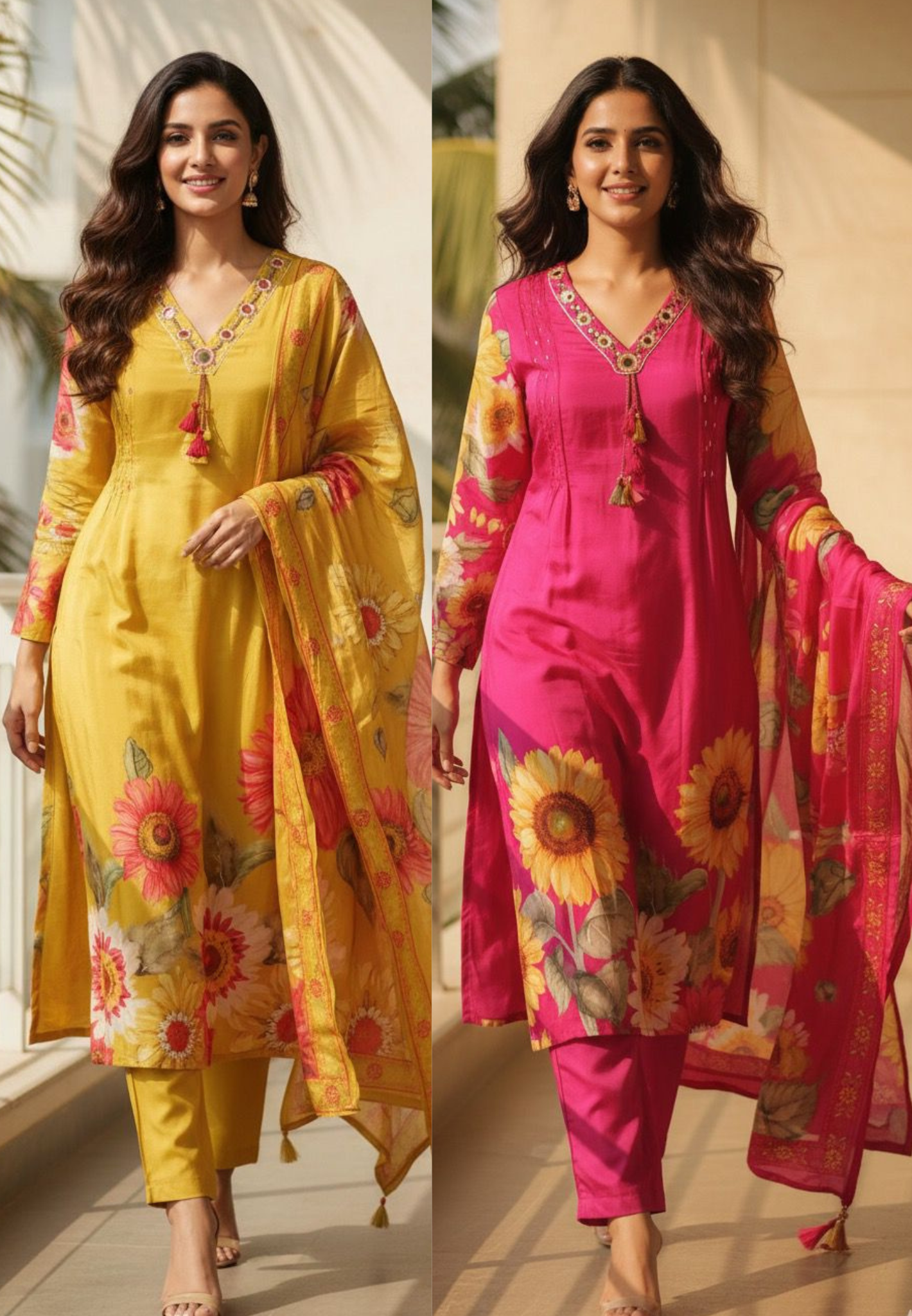 Glass Neck Real Mirror Elegance Floral Bloom Full Suit Set With Dupatta In Crepe Fabric- 11721, 11722