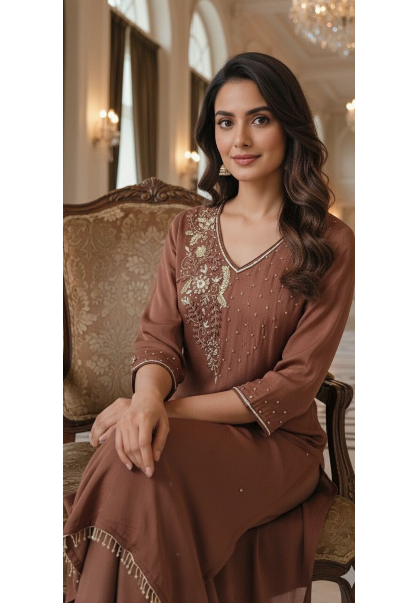 Beads Ensemble Cut Dana Front Work Solid Full Suit Set With Dupatta In Crepe Fabric- 11941