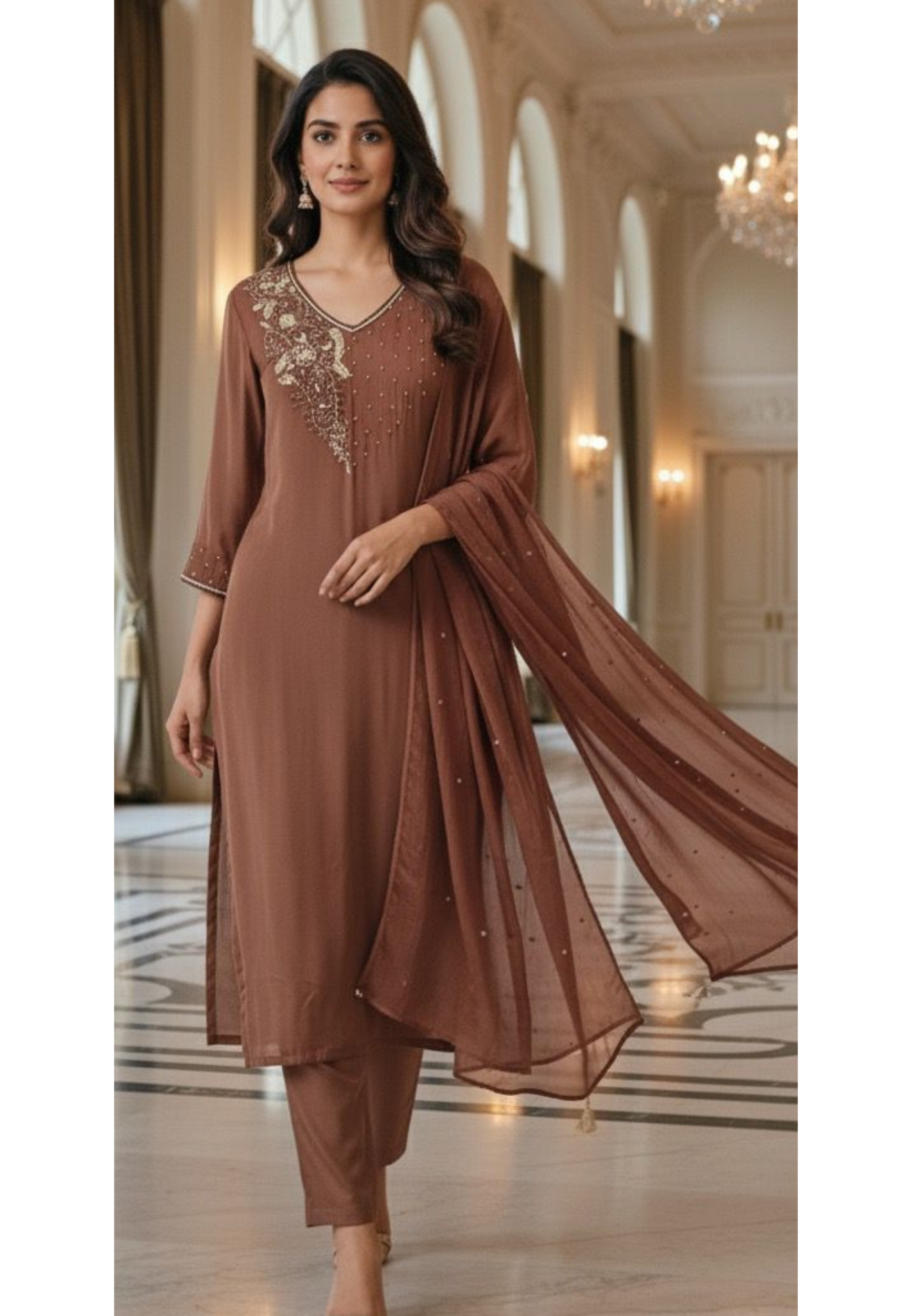 Beads Ensemble Cut Dana Front Work Solid Full Suit Set With Dupatta In Crepe Fabric- 11941
