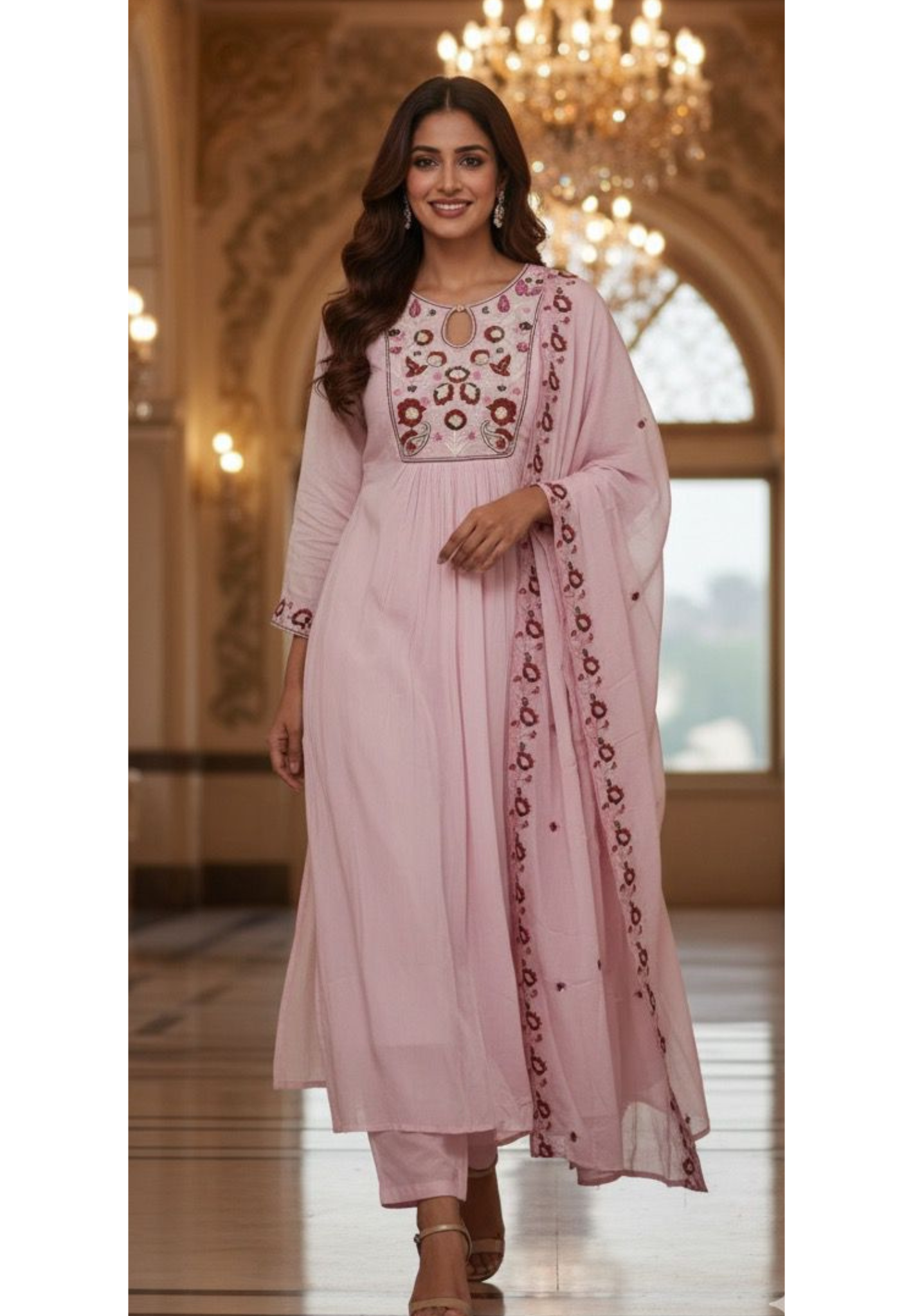 Complete Thread Embroidery Yoke Soft Tone Anarkali Full Suit Set With Dupatta In Chinon Fabric- 11730