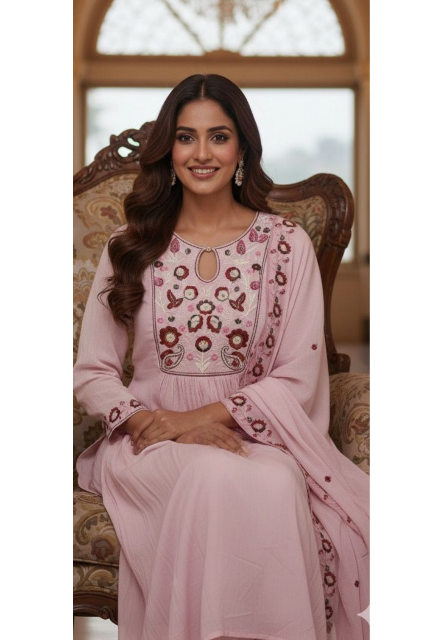 Complete Thread Embroidery Yoke Soft Tone Anarkali Full Suit Set With Dupatta In Chinon Fabric- 11730