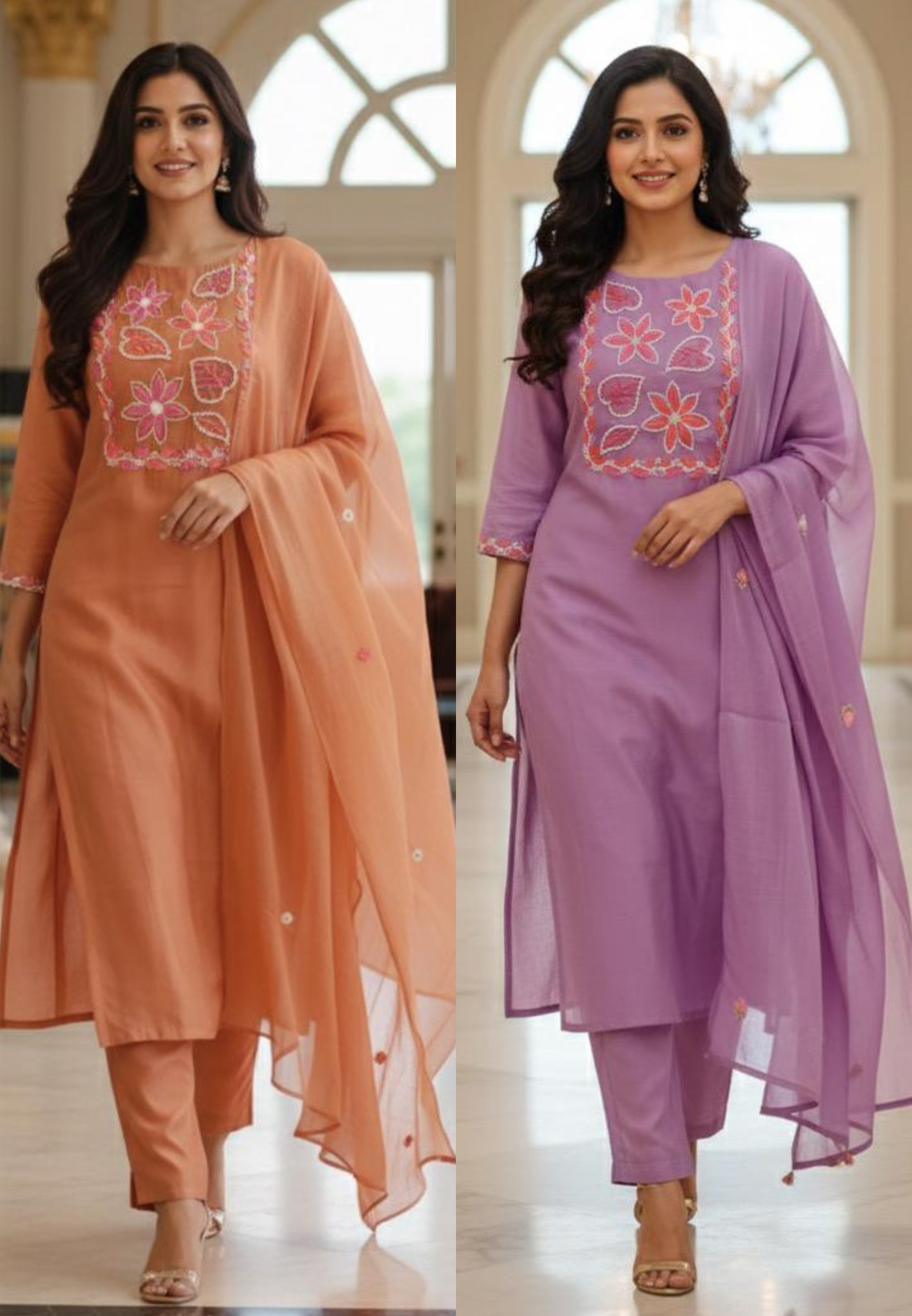 Katha Thread Embroidered Soft Tone Full Suit Set With Dupatta In Surat Mul Chanderi Fabric- 12002, 12005