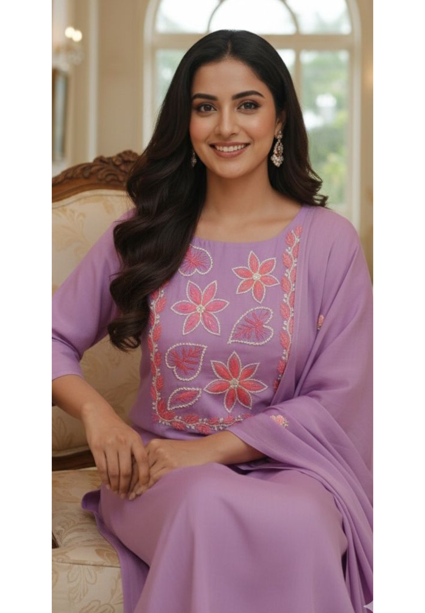 Katha Thread Embroidered Soft Tone Full Suit Set With Dupatta In Surat Mul Chanderi Fabric- 12002, 12005