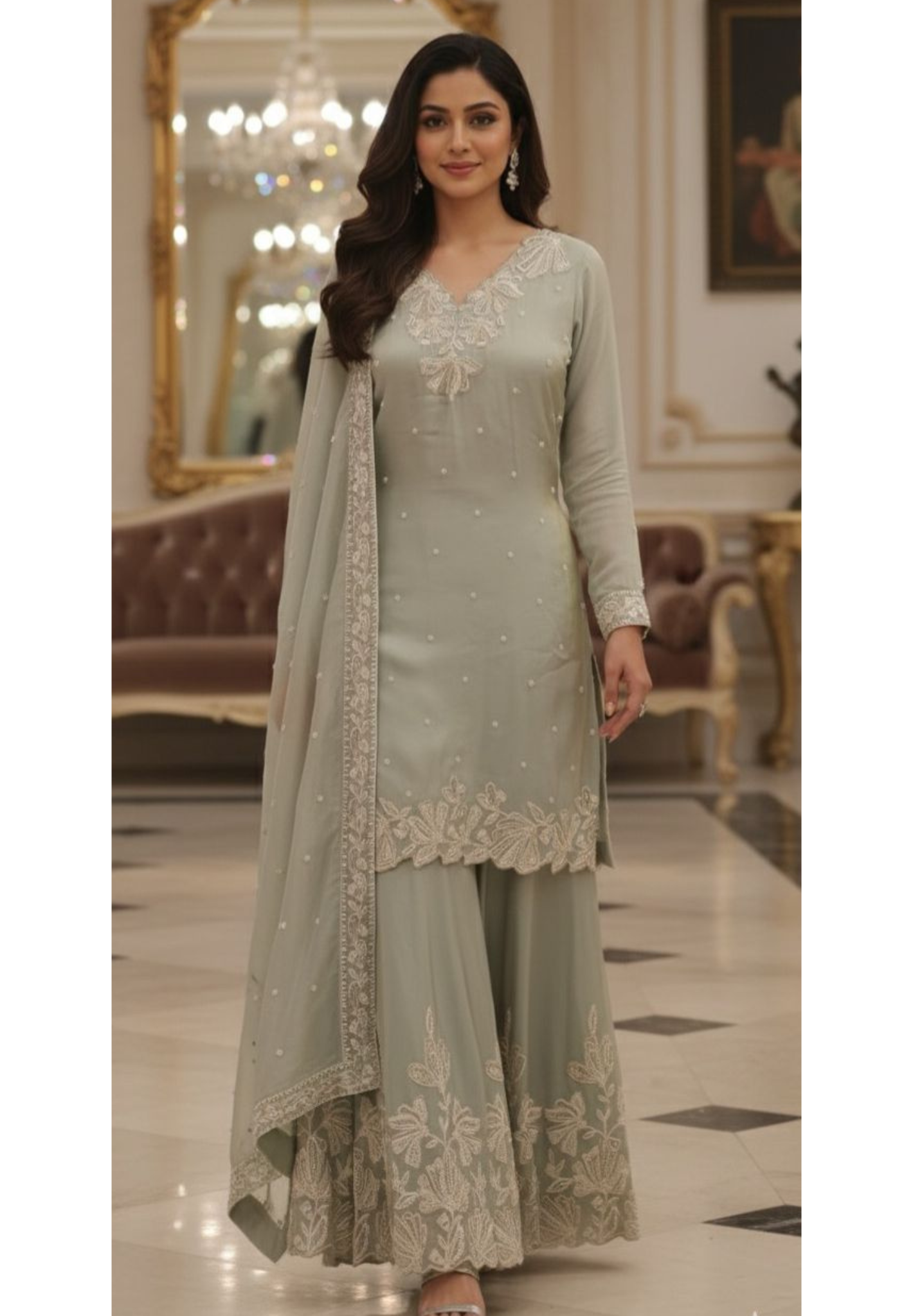 Graceful Pearl Scalap Overloaded Heavy Handwork Full Suit Set With Dupatta & Palazzo Bottom In Tissue Fabric