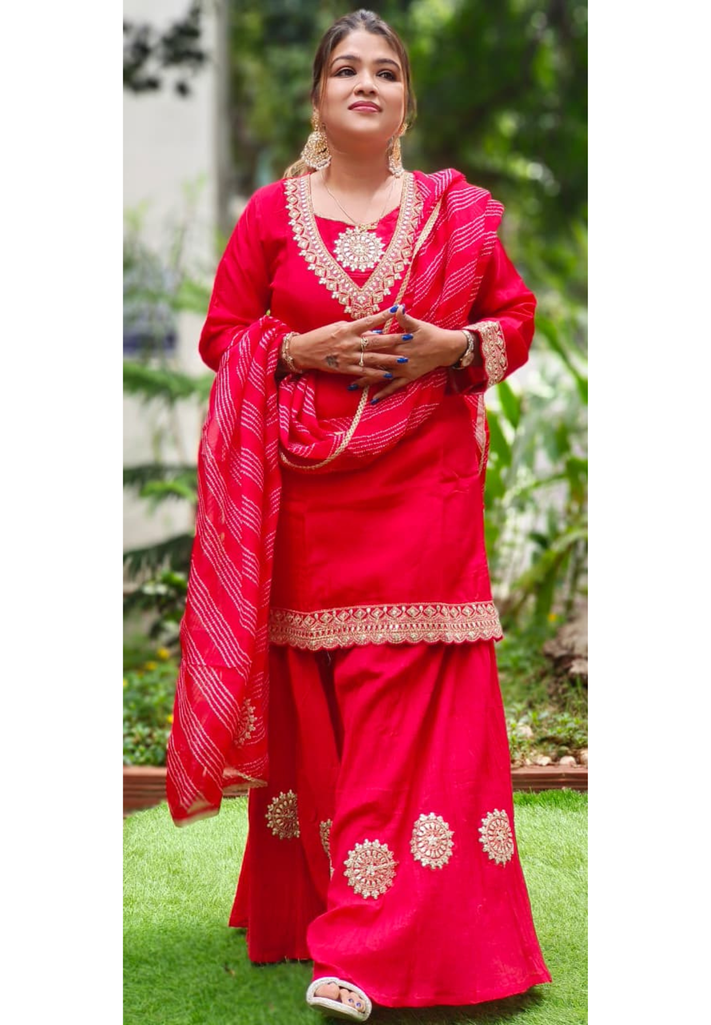 Beautiful Neck Line Front Work A-Line Russian Silk Full Suit Set With Dupatta & Mul Chanderi Palazzo Bottom (Loose Fit)- 11827