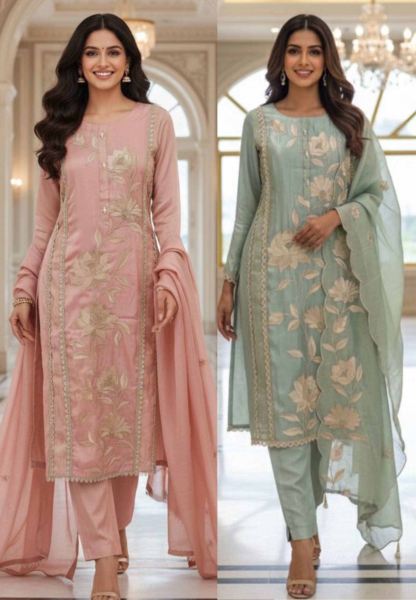 Resam Leaf Embroidered Decent Look Full Suit Set With Dupatta In Tissue Fabric & Pearl Touch- 11971, 11972