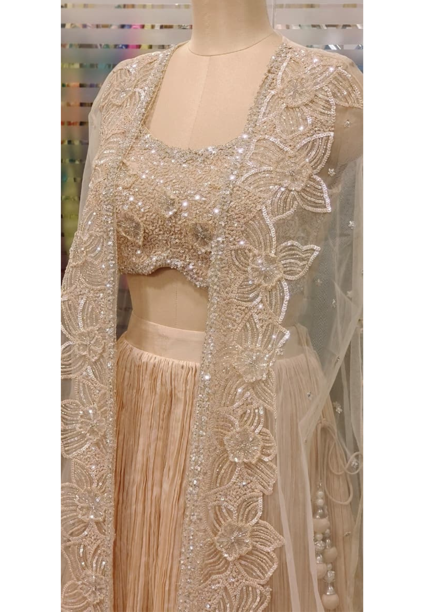 Stylish Sequence Embroidered Floral Cut Work Crop Top With Crushed Palazzo & Netted Shrug